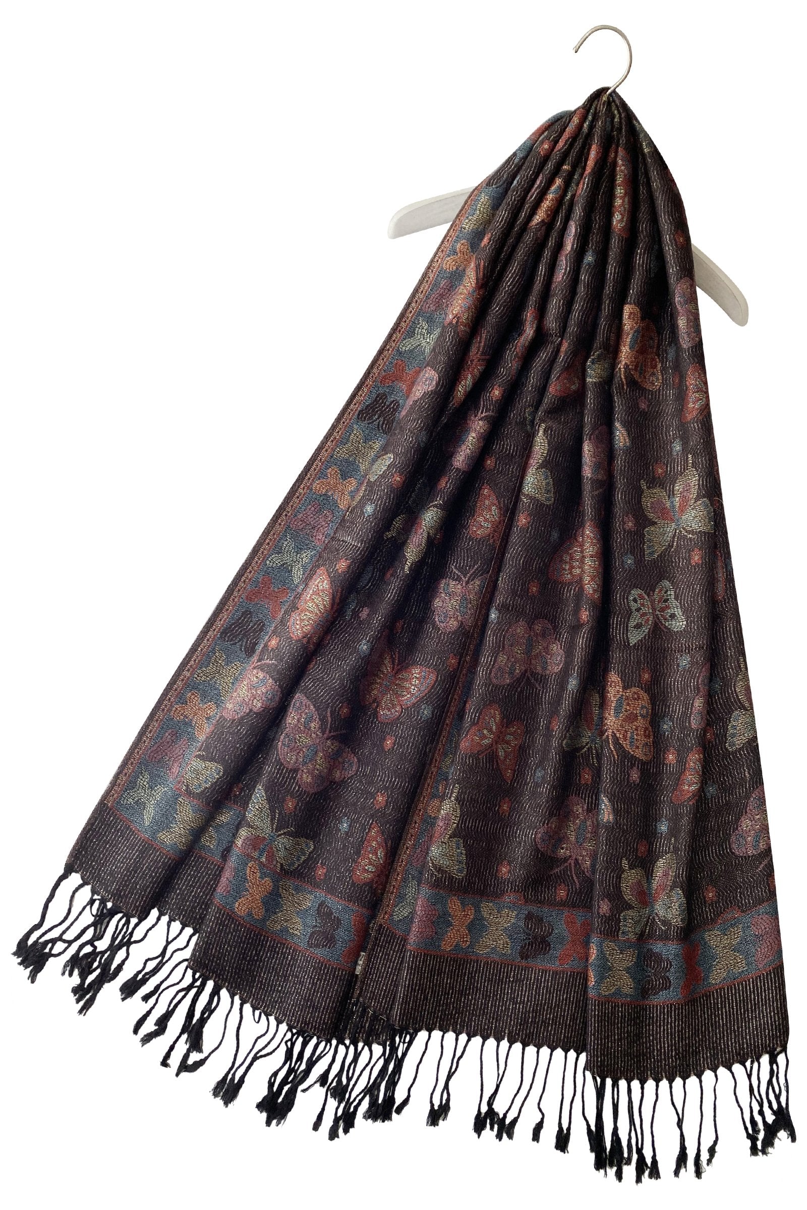 100% Pashmina Cashmere Scarf, 70 cm x 170 cm, Butterfly Patterned Shiny Black, 100% Pashmina 1