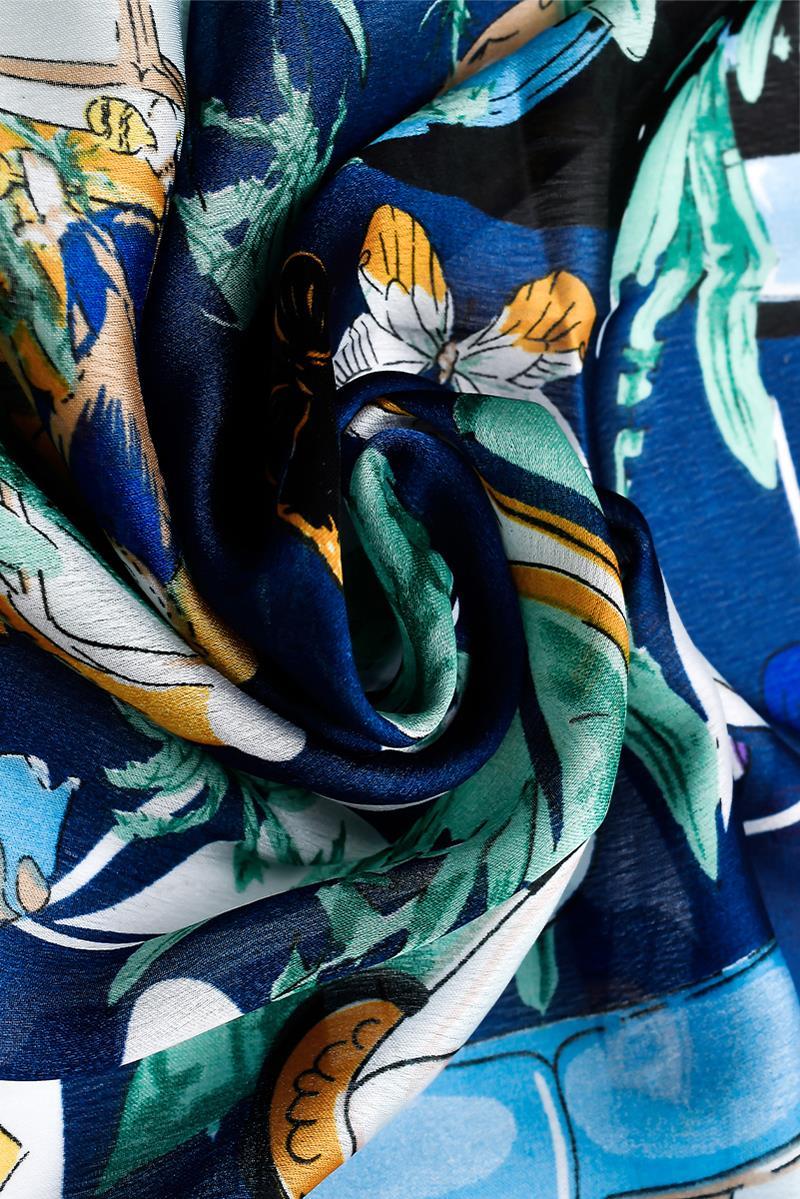 100% Real Silk Scarf-Shawl, 90 cm x 180 cm, Tropical Carnival Street Party Patterned, Multi Color