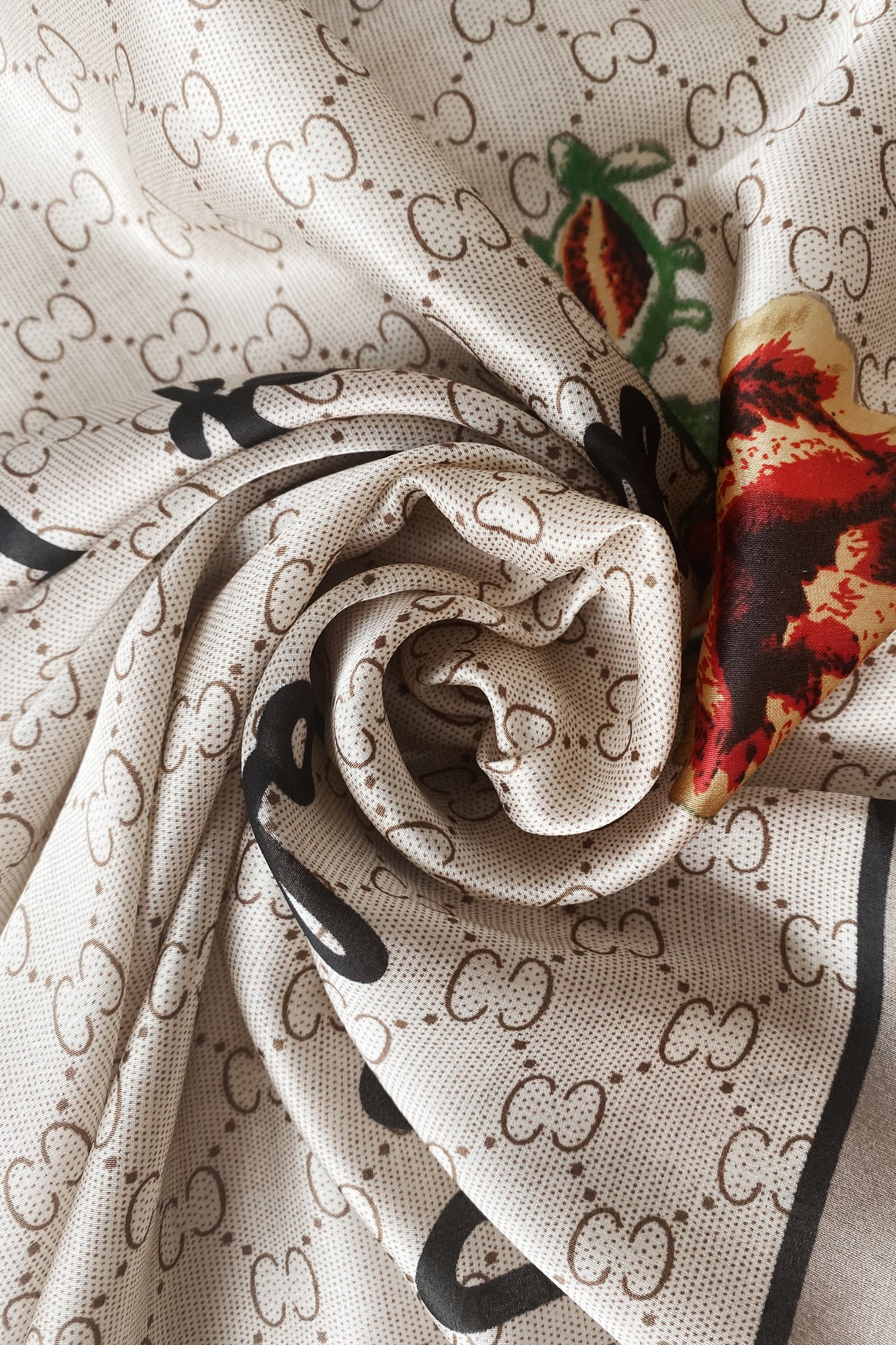 Silk Scarf-Shawl, 90 cm x 180 cm, Diamond Pearl With Fancy Text Border, Beige
