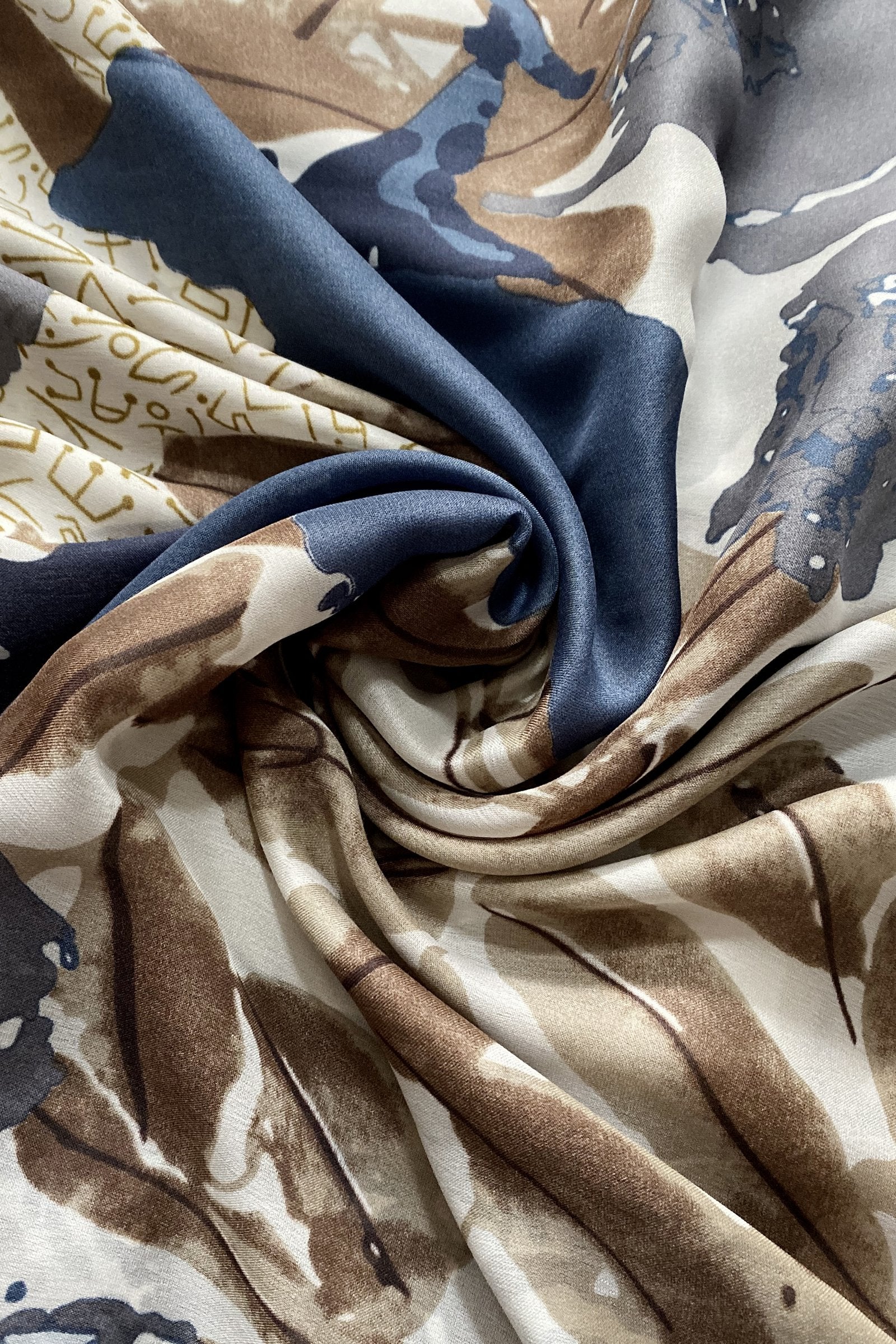 100% Real Silk Scarf-Shawl, 90 cm x 180 cm, Large Floral and Ancient Text Patterned, Navy and Brown 2