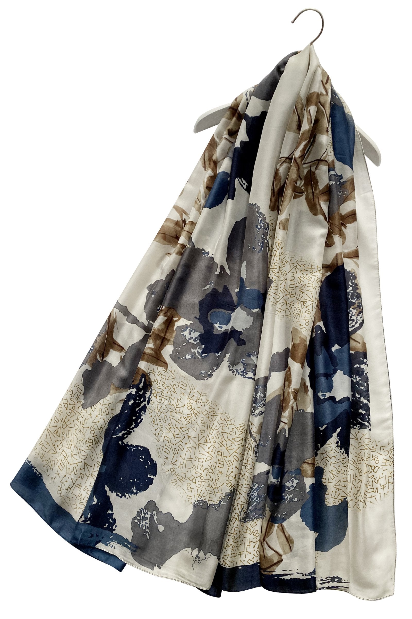 100% Real Silk Scarf-Shawl, 90 cm x 180 cm, Large Floral and Ancient Text Patterned, Navy and Brown 1