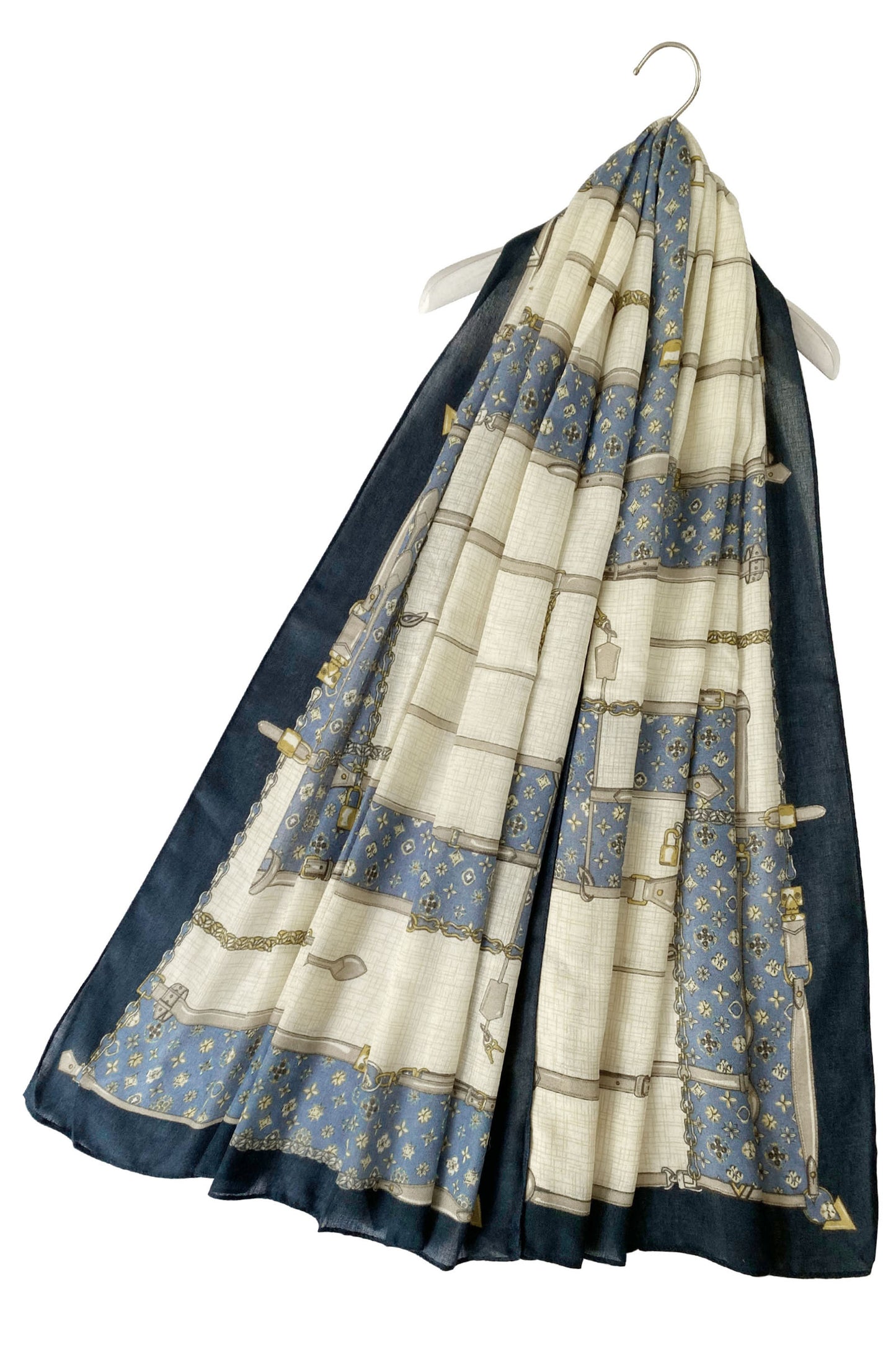 Cotton Scarf-Shawl, 85 cm x 180 cm, Fashion Belt Buckle Patterned, Blue