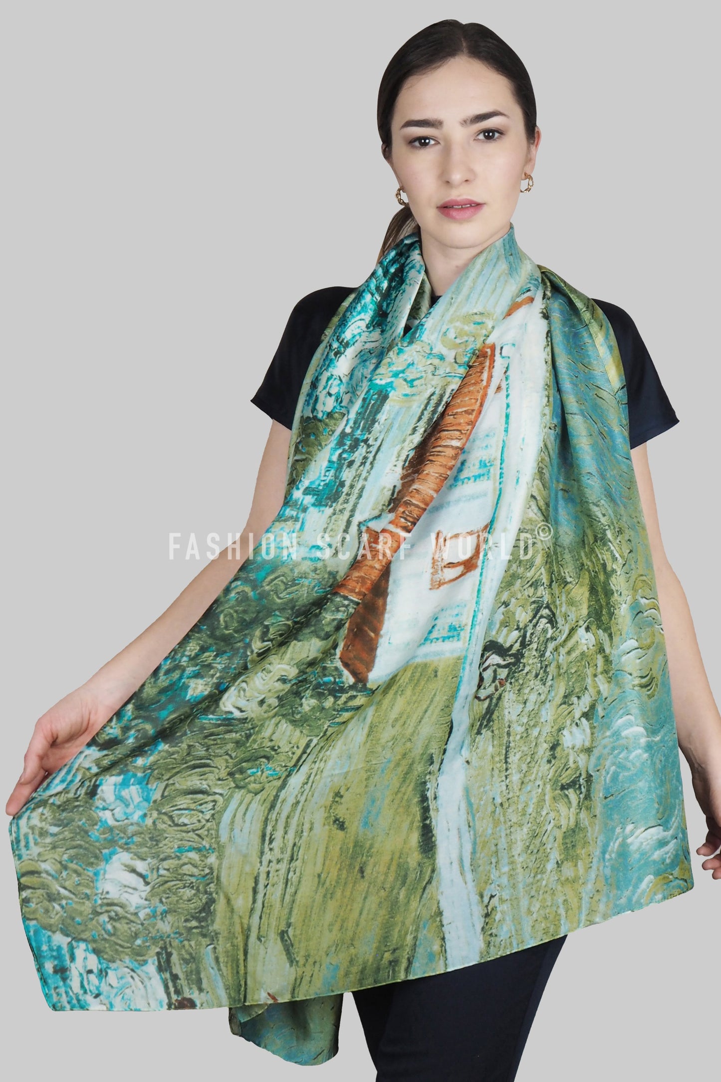 100% Real Silk Scarf-Shawl, 90 cm x 180 cm, Painted Farmhouse Scene Patterned, Green