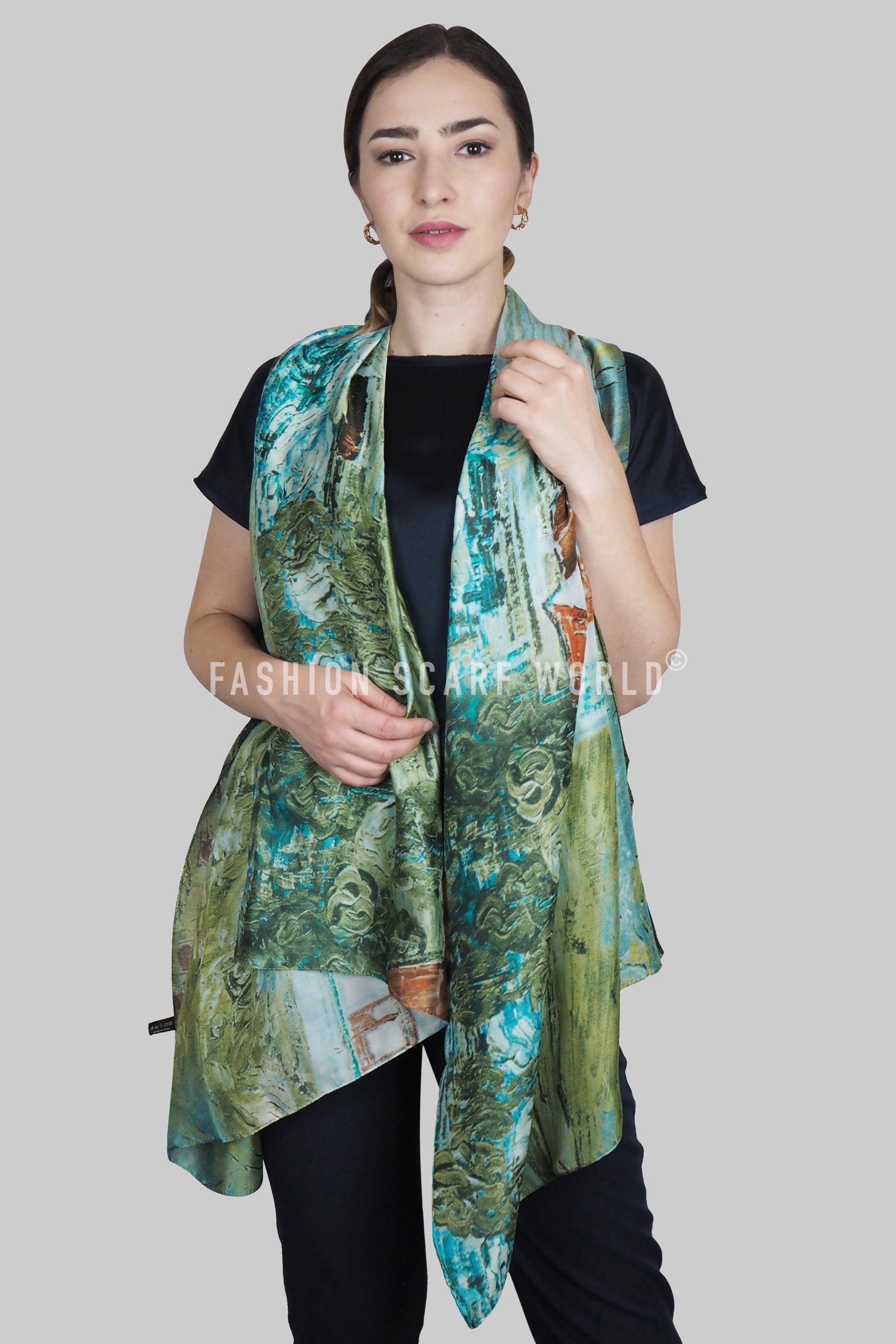 100% Real Silk Scarf-Shawl, 90 cm x 180 cm, Painted Farmhouse Scene Patterned, Green 5