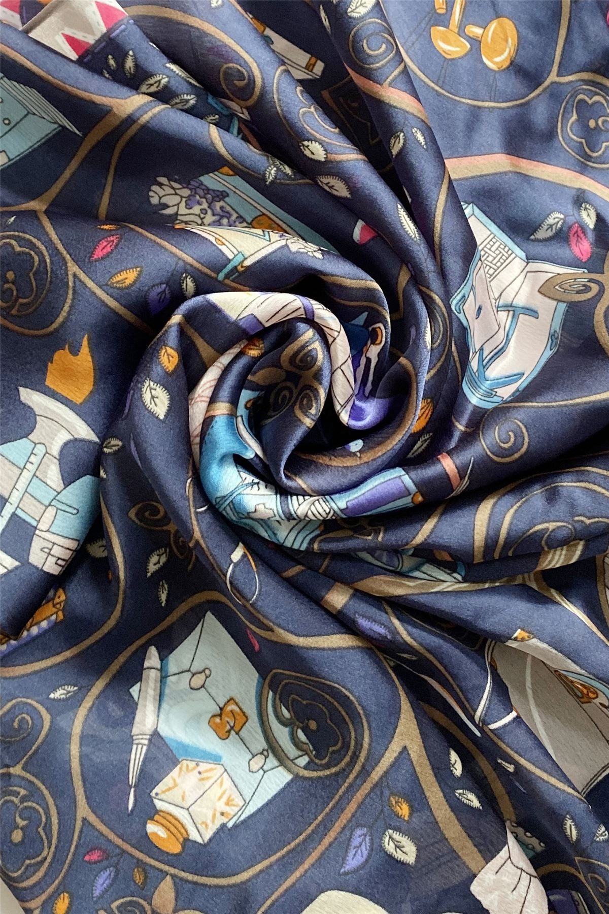 100% Real Silk Scarf-Shawl, 90 cm x 180 cm, Stylish Handbag Patterned, Navy 2