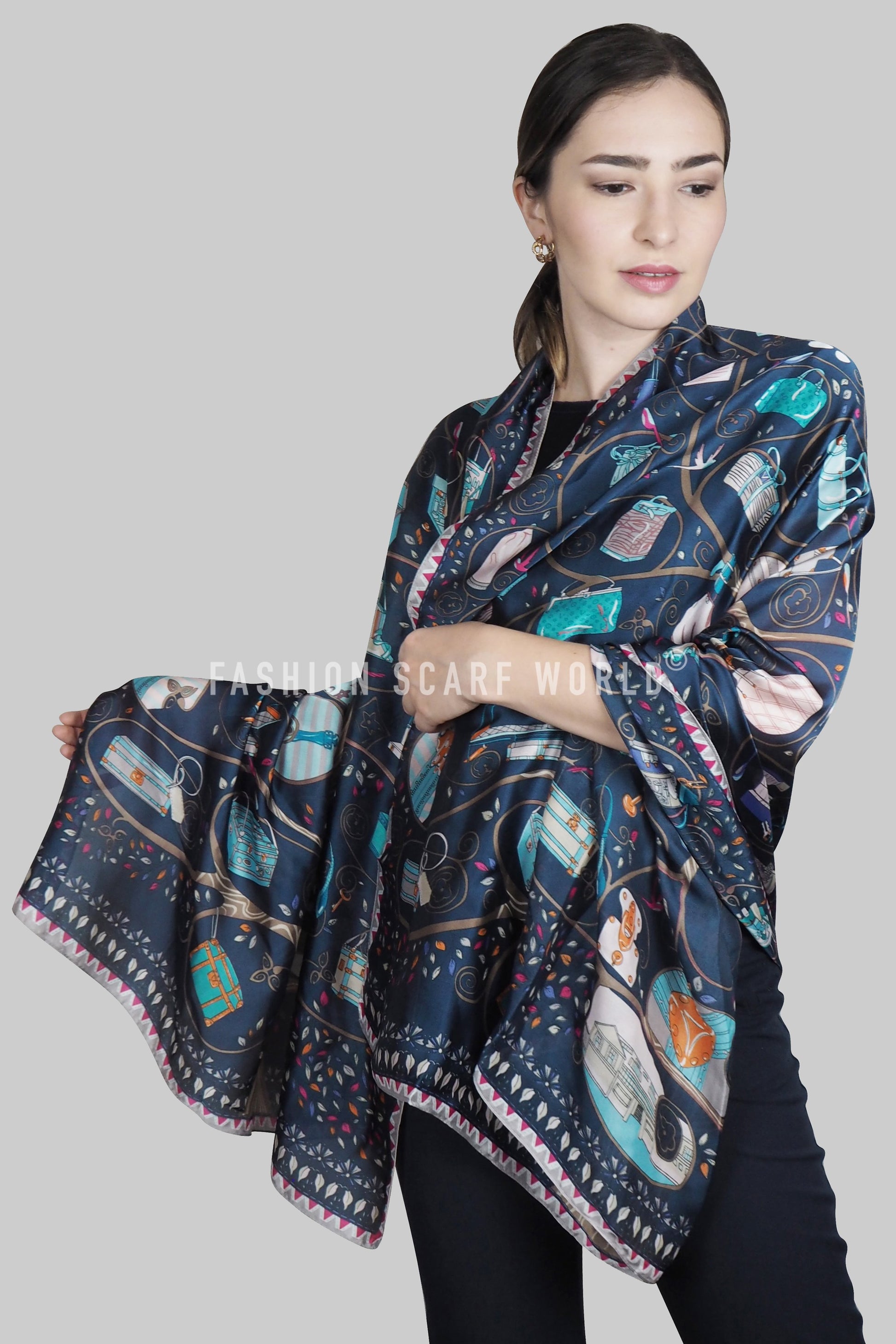 100% Real Silk Scarf-Shawl, 90 cm x 180 cm, Stylish Handbag Patterned, Navy 3