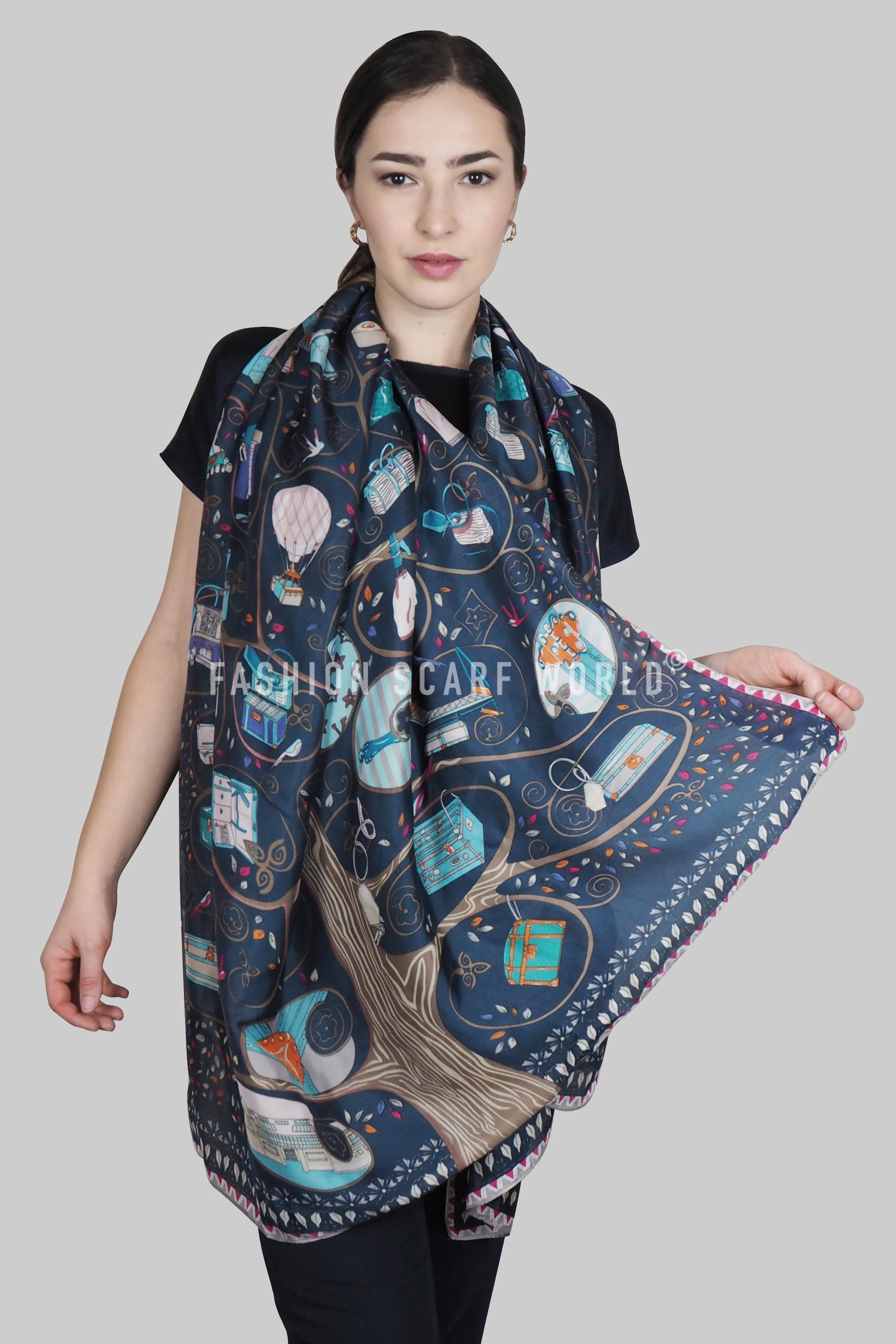 100% Real Silk Scarf-Shawl, 90 cm x 180 cm, Stylish Handbag Patterned, Navy 4