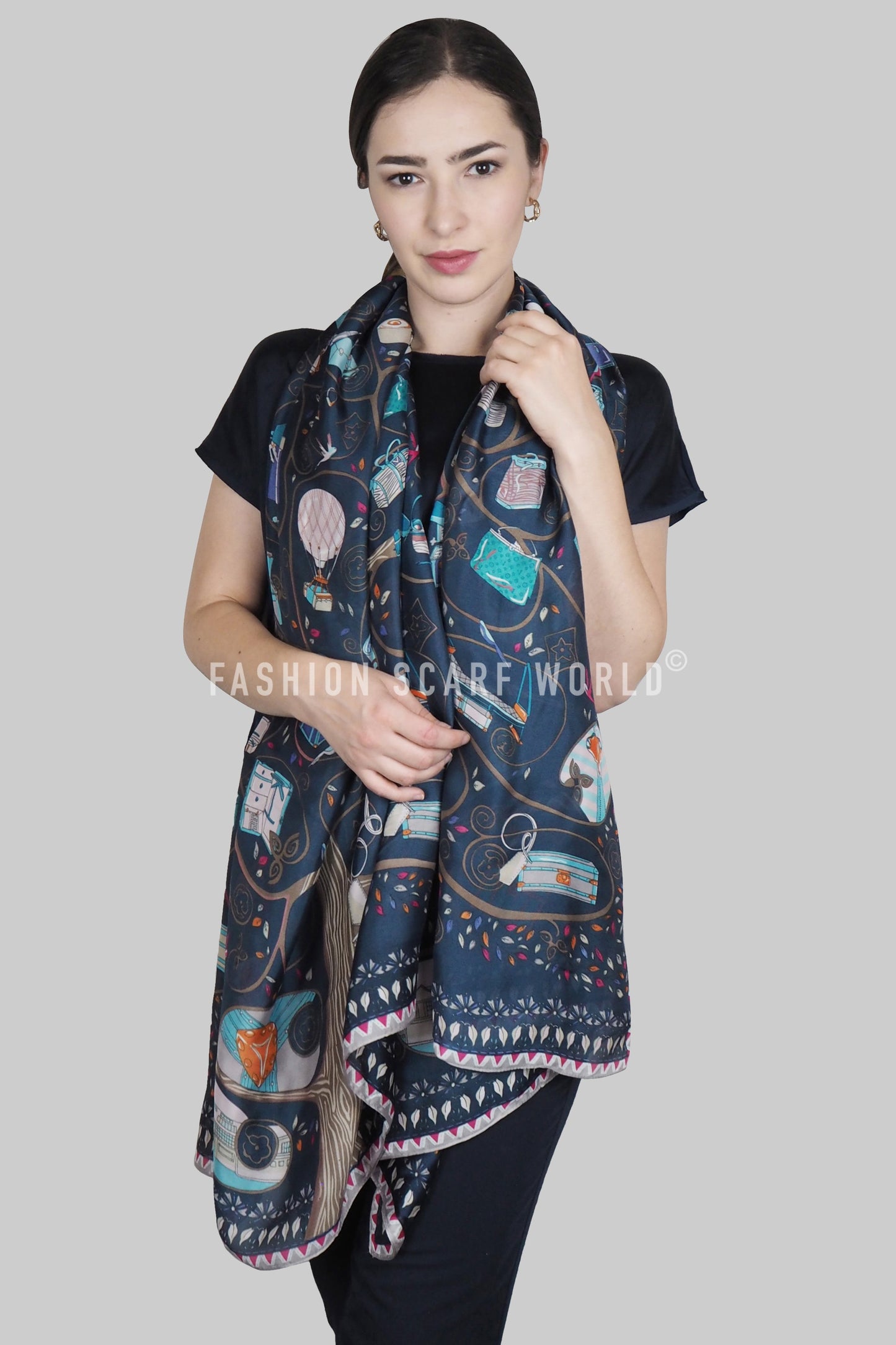 100% Real Silk Scarf-Shawl, 90 cm x 180 cm, Stylish Handbag Patterned, Navy