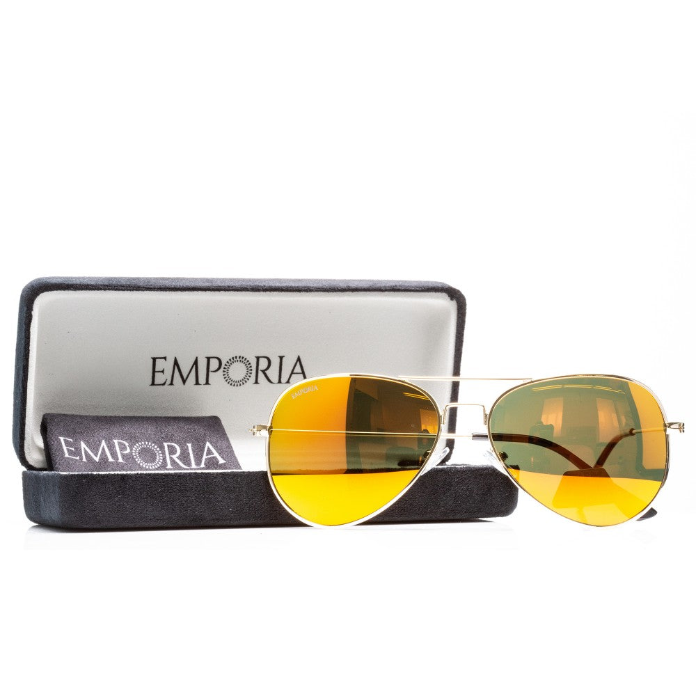 Emporia Italy - Pilot-Sonnenbrille "SONNENSCHEIN" polarisierte Sonnenbrille mit UV-FILTER mit Etui und Brillenputztuch, orangenfarbenes Glas, goldfarbiger Rahmen