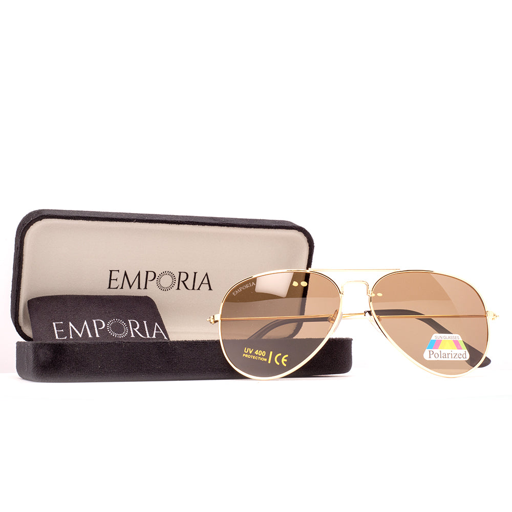 Emporia Italy - Pilot-Sonnenbrille "WÜSTE" polarisierte Sonnenbrille mit UV-FILTER mit Etui und Brillenputztuch, hellbraunes Glas, goldfarbiger Rahmen