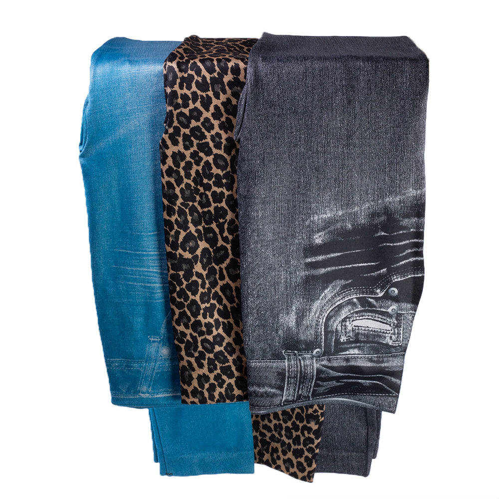 Figurformende Sommer-Jegging Set in 3 verschiedenen Farben: blau, grau, in Leopard Optik