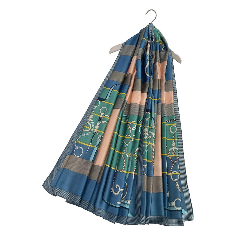 100% Seidenschal mit Ketten- und Schnallenmuster, blau, 90x180cm 2