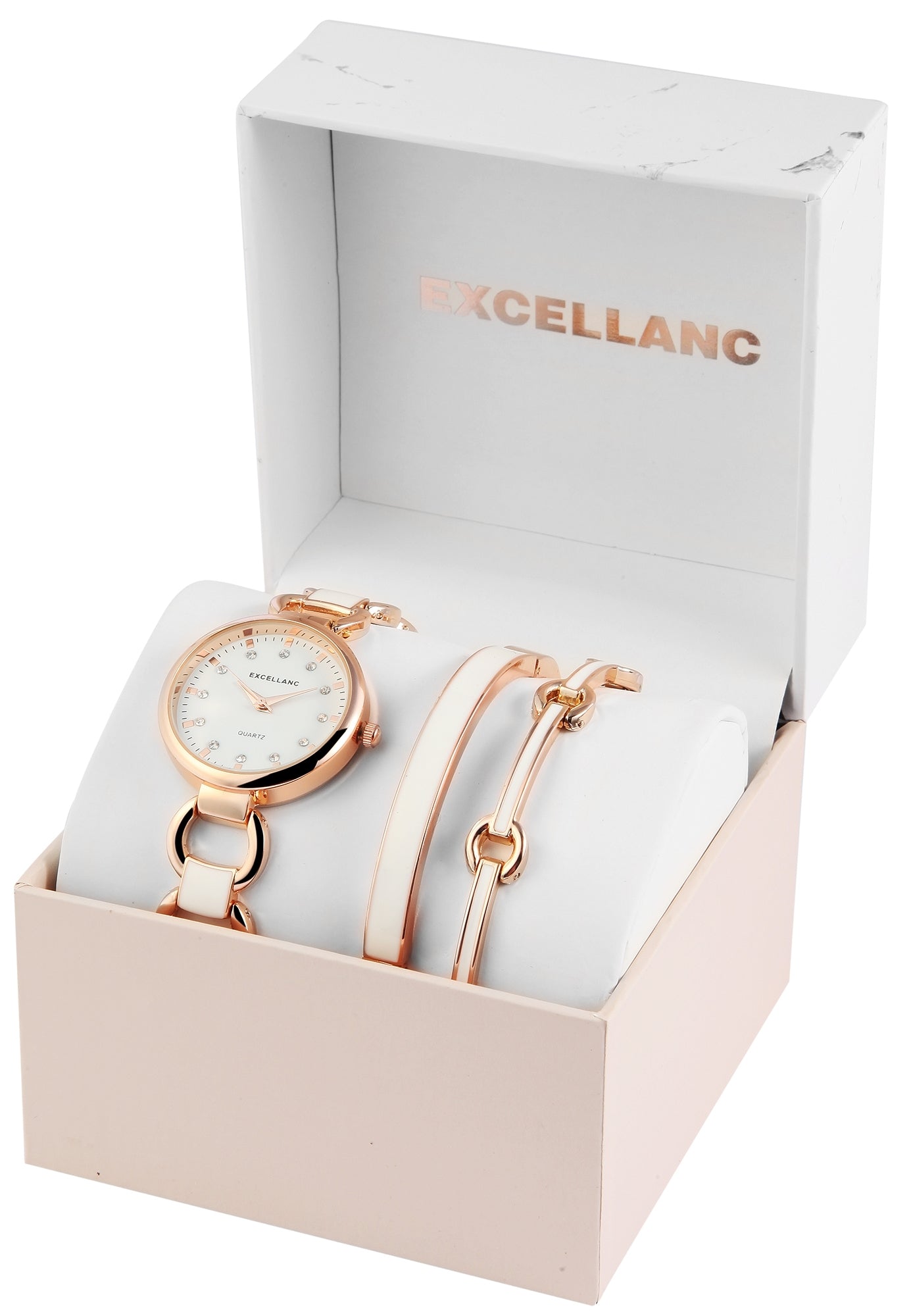 Excellanc Womens watch with 2 bracelet EX0429, rose gold color, High quality quartz movement, white dial color, 20 cm