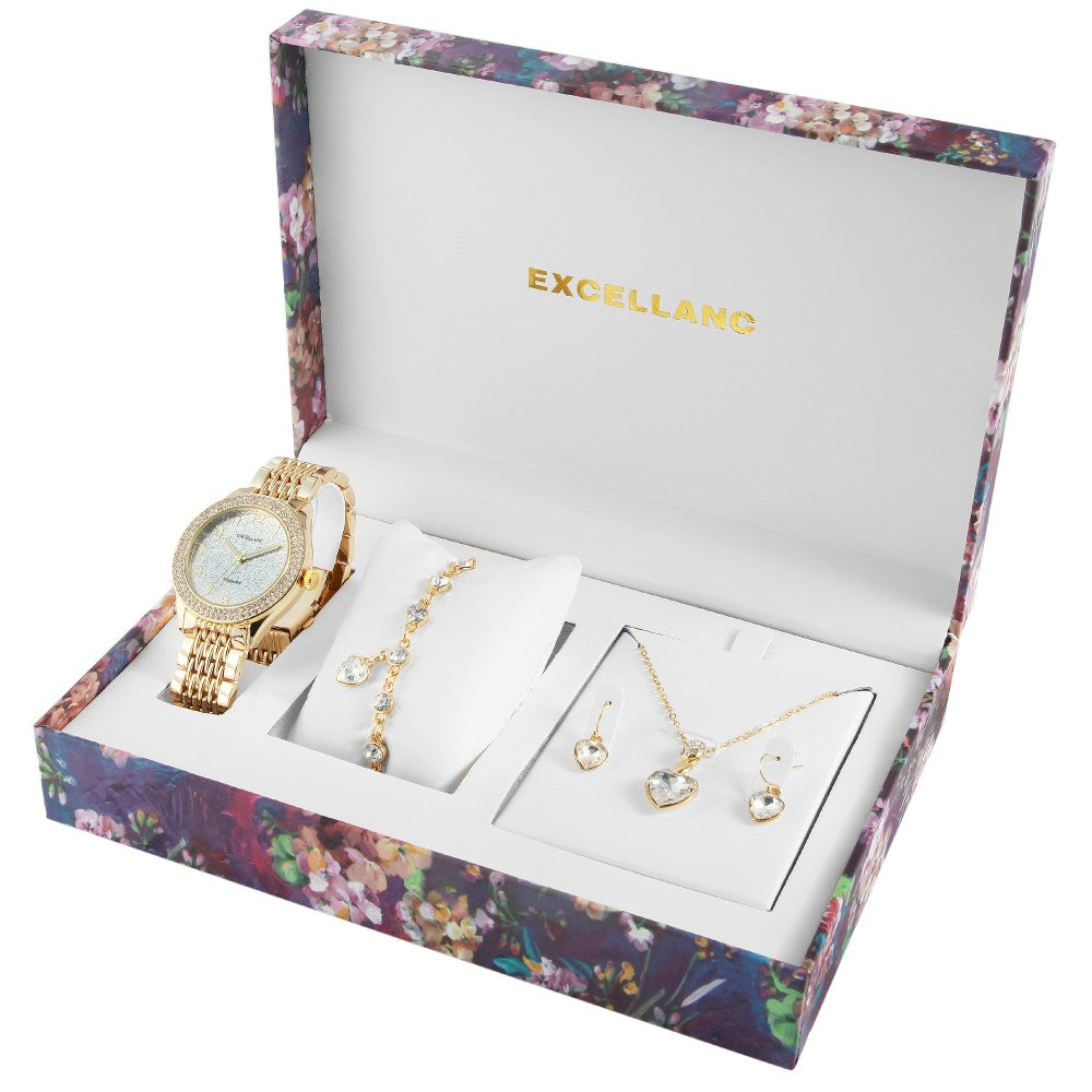 Excellanc women's gift set with wristwatch, bracelet, necklace and earrings; gold tone, with white Emporia crystals