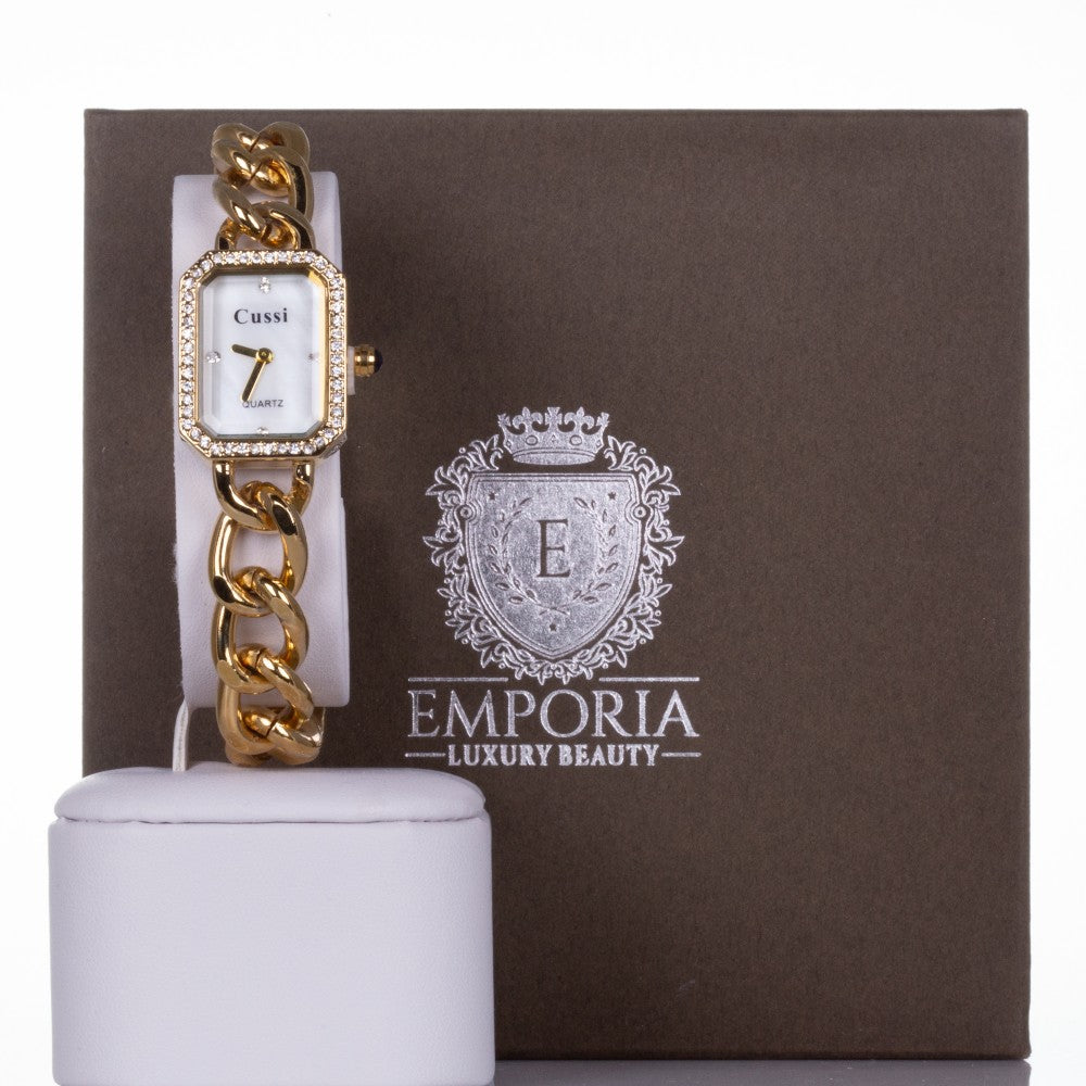 YELLOW GOLD, woman alloy CUSSI watch with quartz crystals + crystals around the dial, chain strap with Gift box, 19 cm