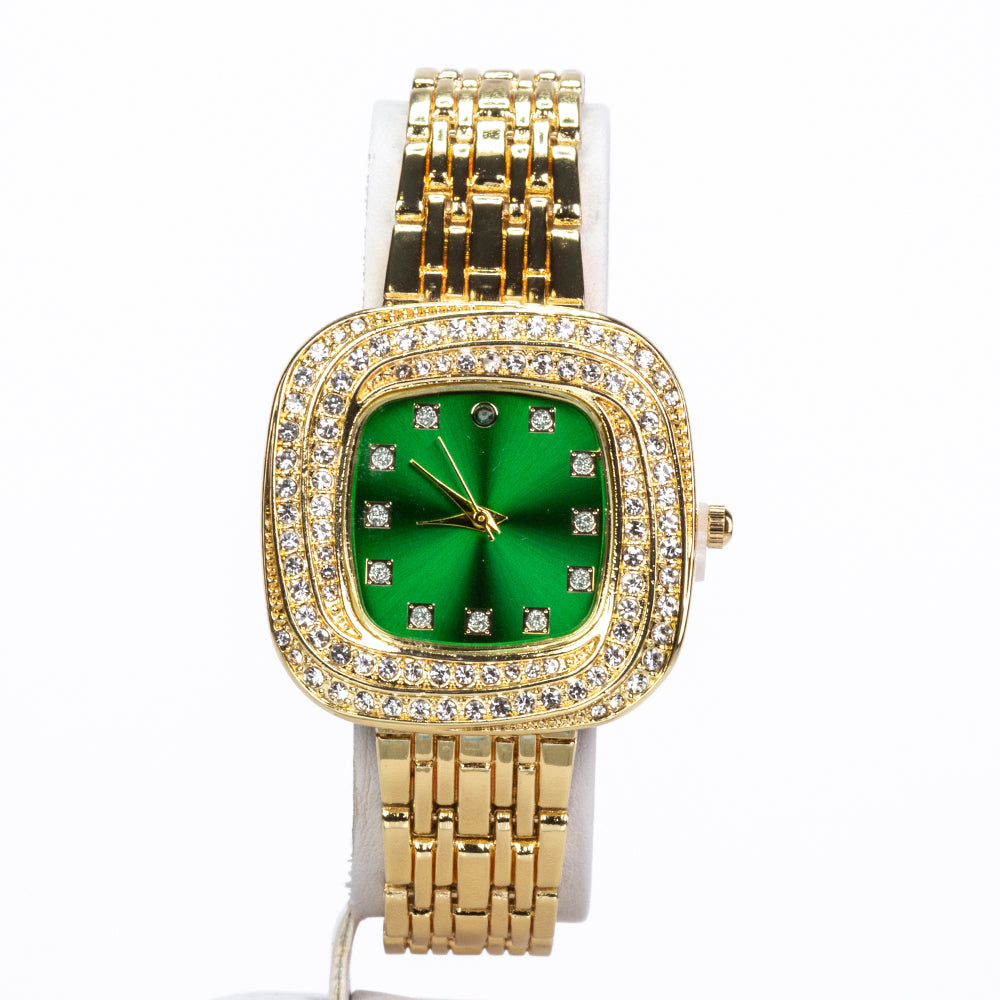 Uhr aus goldplattierter Legierung mit Smaragd und weißem Emporia® Kristall
