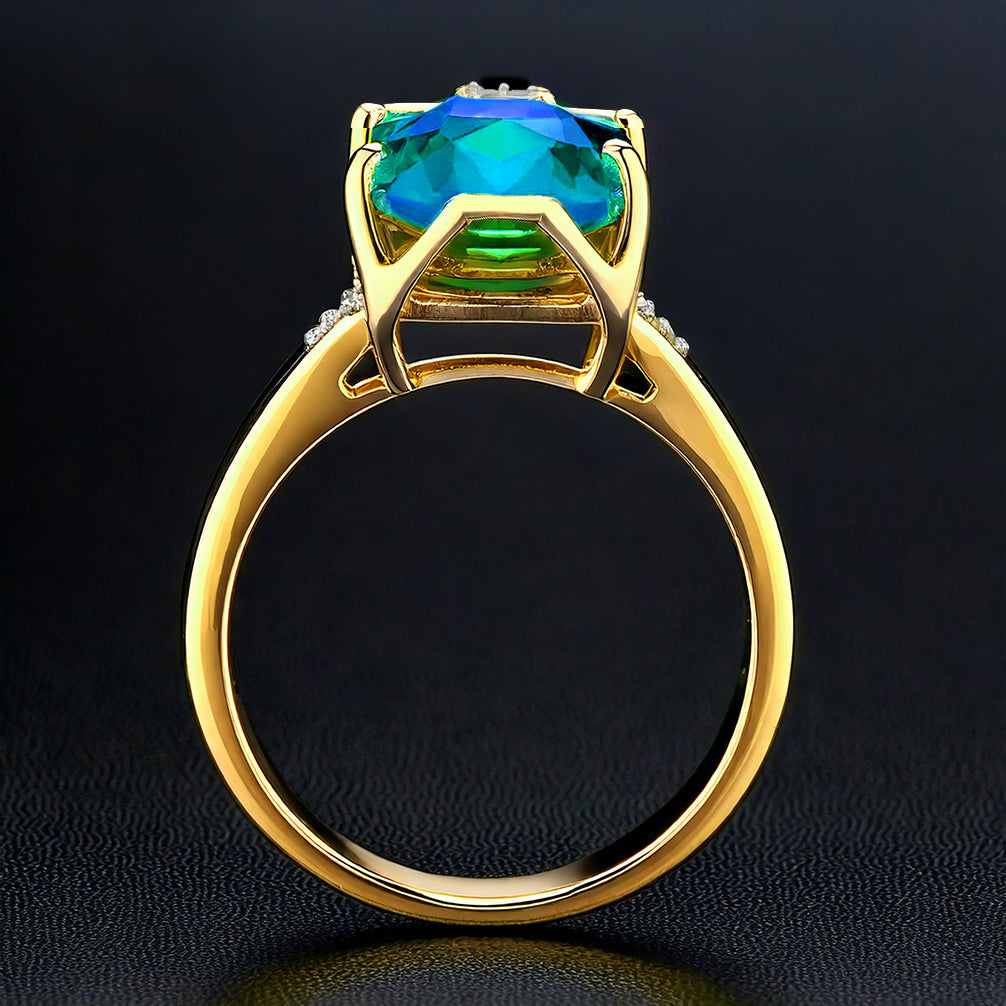 Goldplattierter Silberring mit grünem Onyx und weißem Diamant