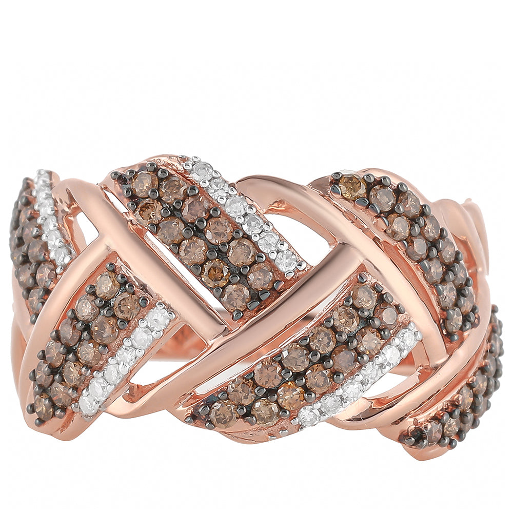 Rosevergoldeter Silberring mit Champagner-Diamant und weißem Diamant