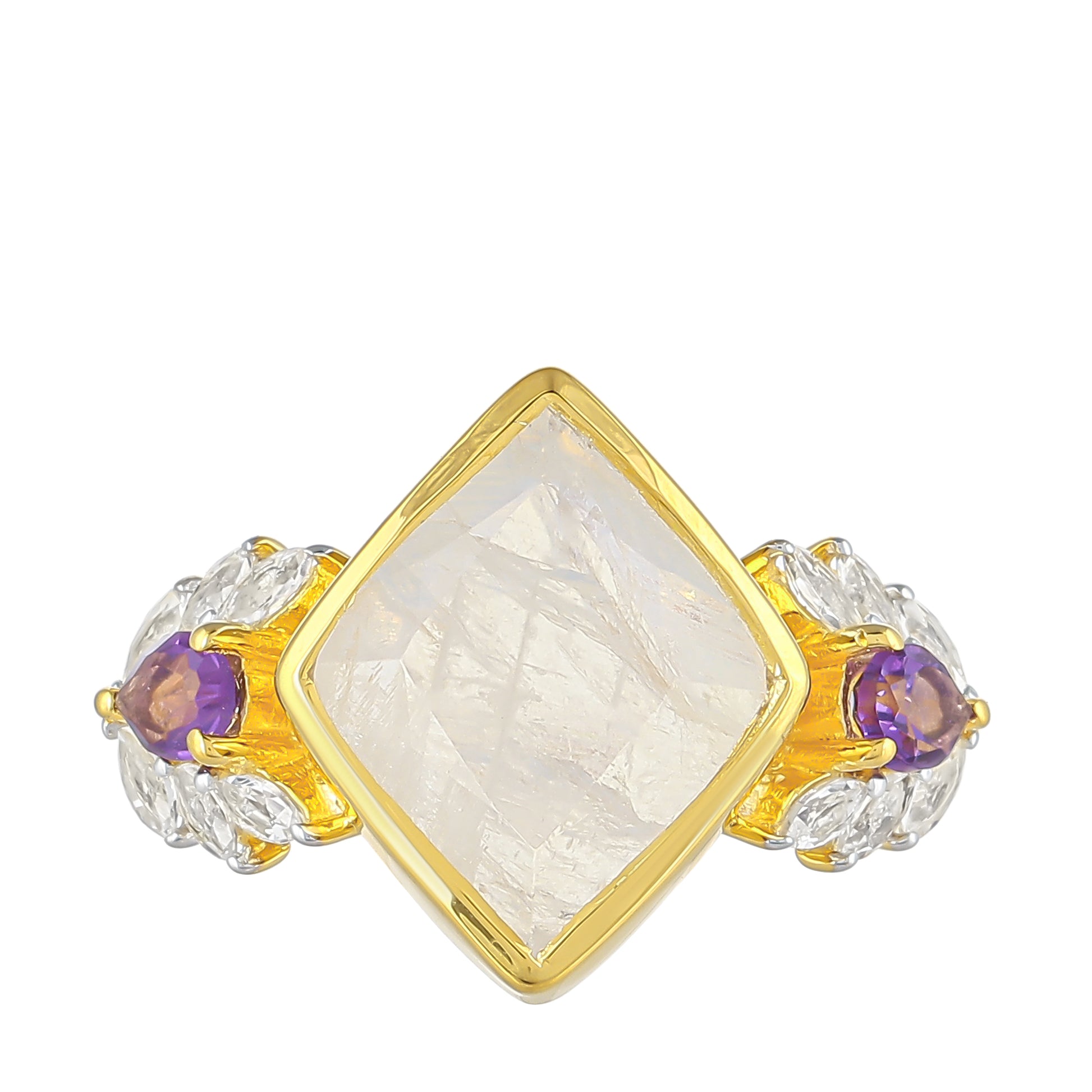Goldplattierter Silberring mit Regenbogenmondstein und brasilianischem Amethyst 1