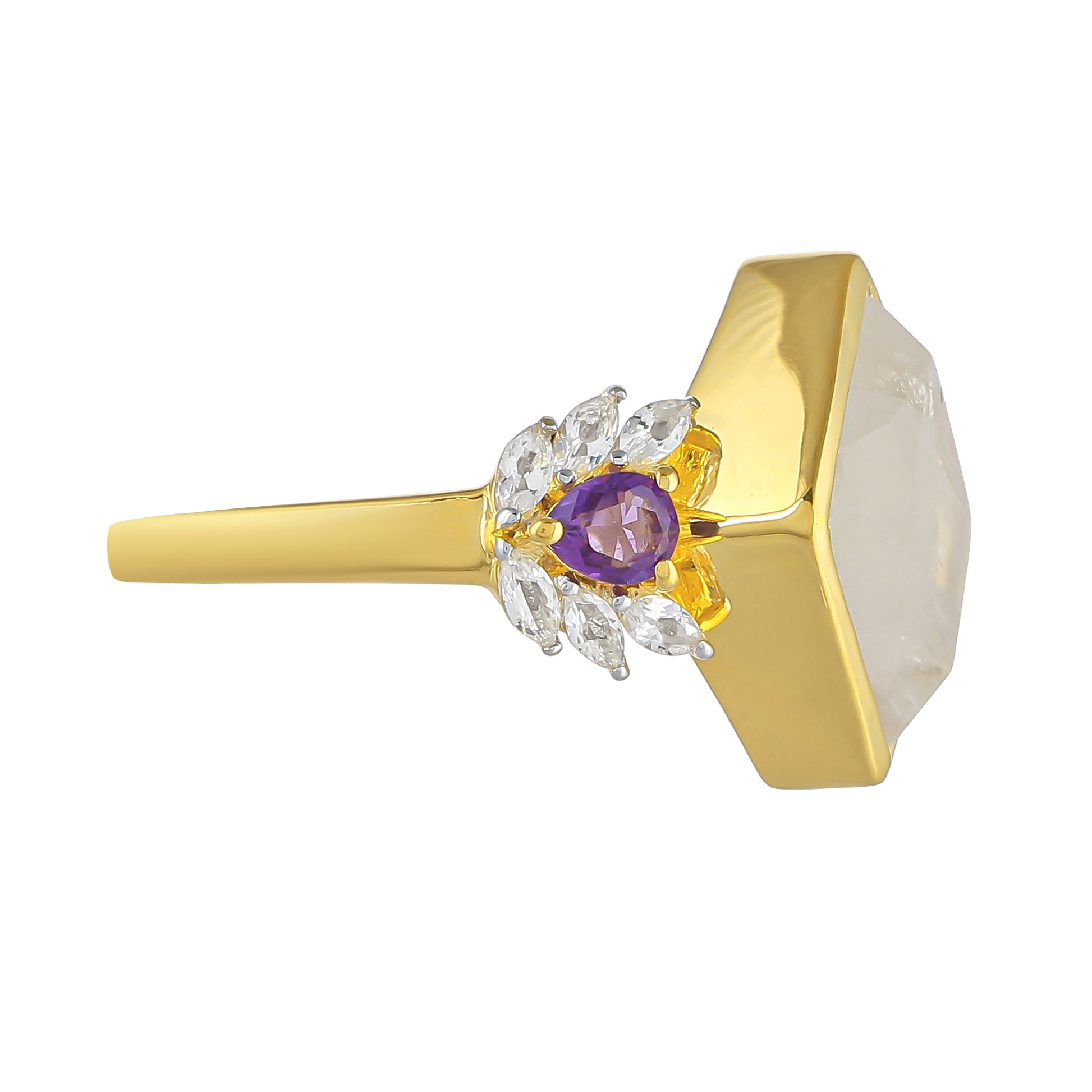Goldplattierter Silberring mit Regenbogenmondstein und brasilianischem Amethyst 2