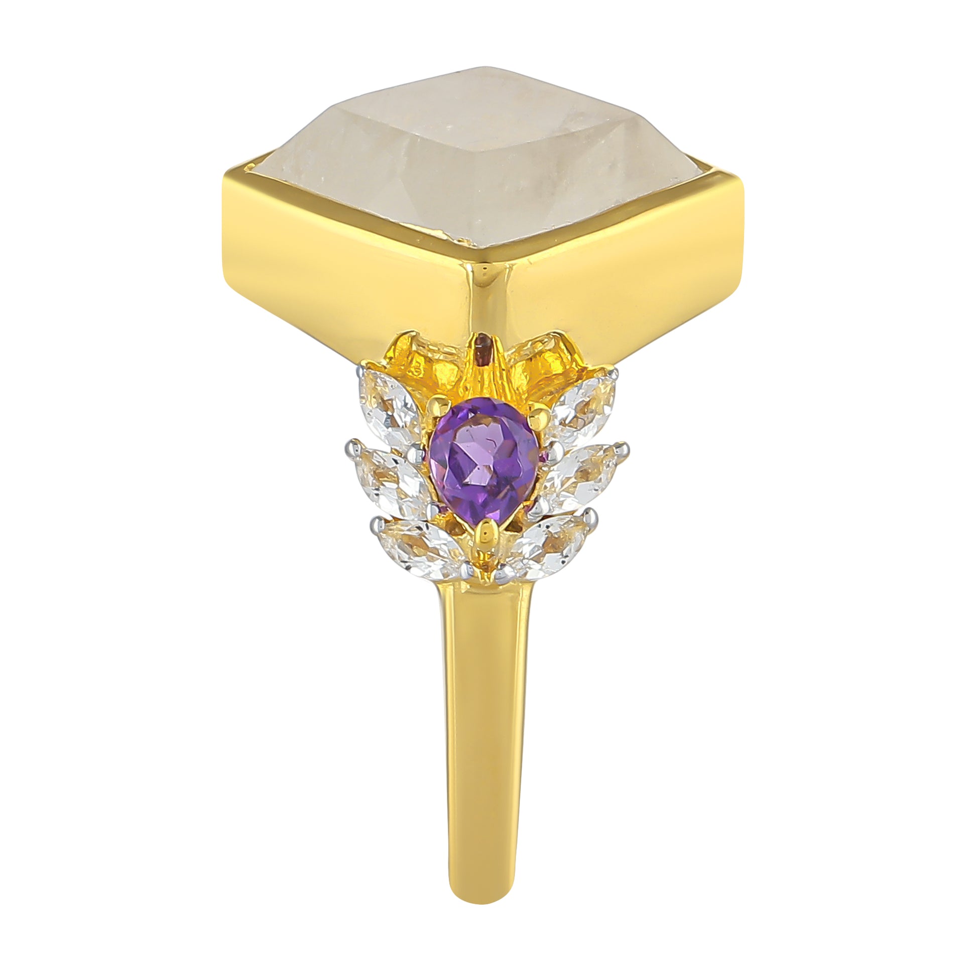 Goldplattierter Silberring mit Regenbogenmondstein und brasilianischem Amethyst 3