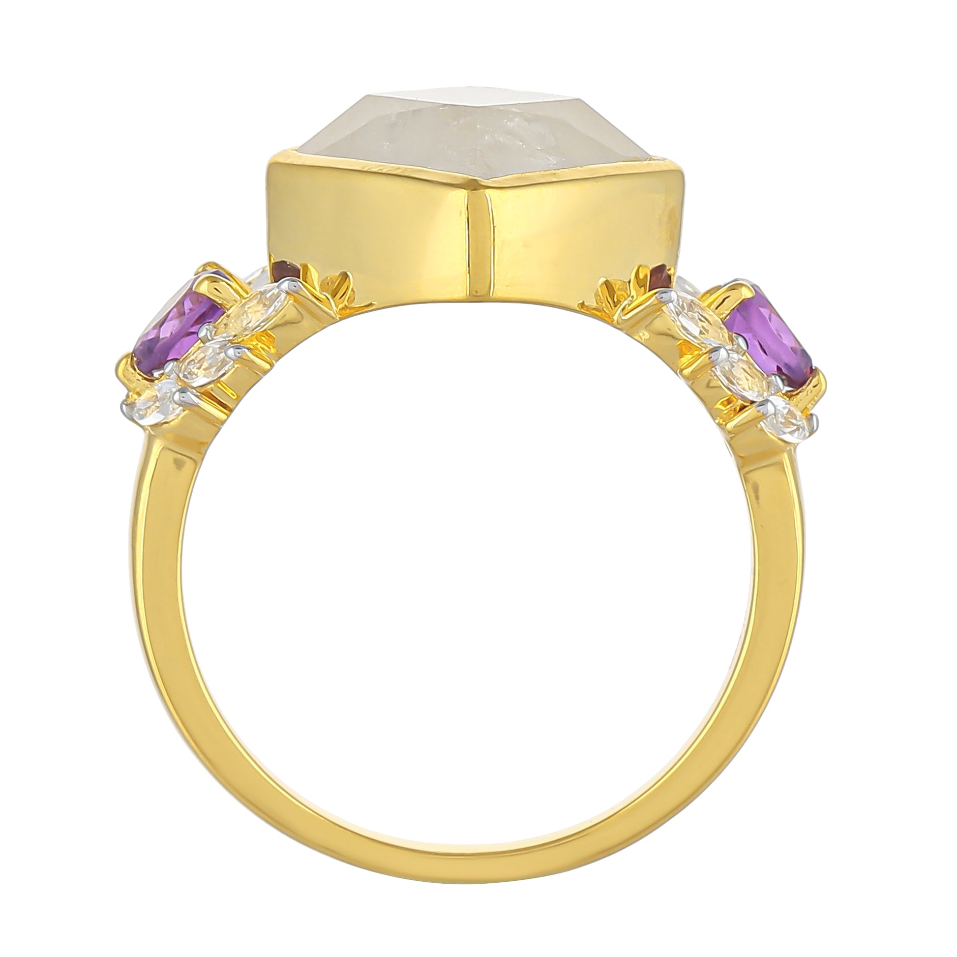 Goldplattierter Silberring mit Regenbogenmondstein und brasilianischem Amethyst 4