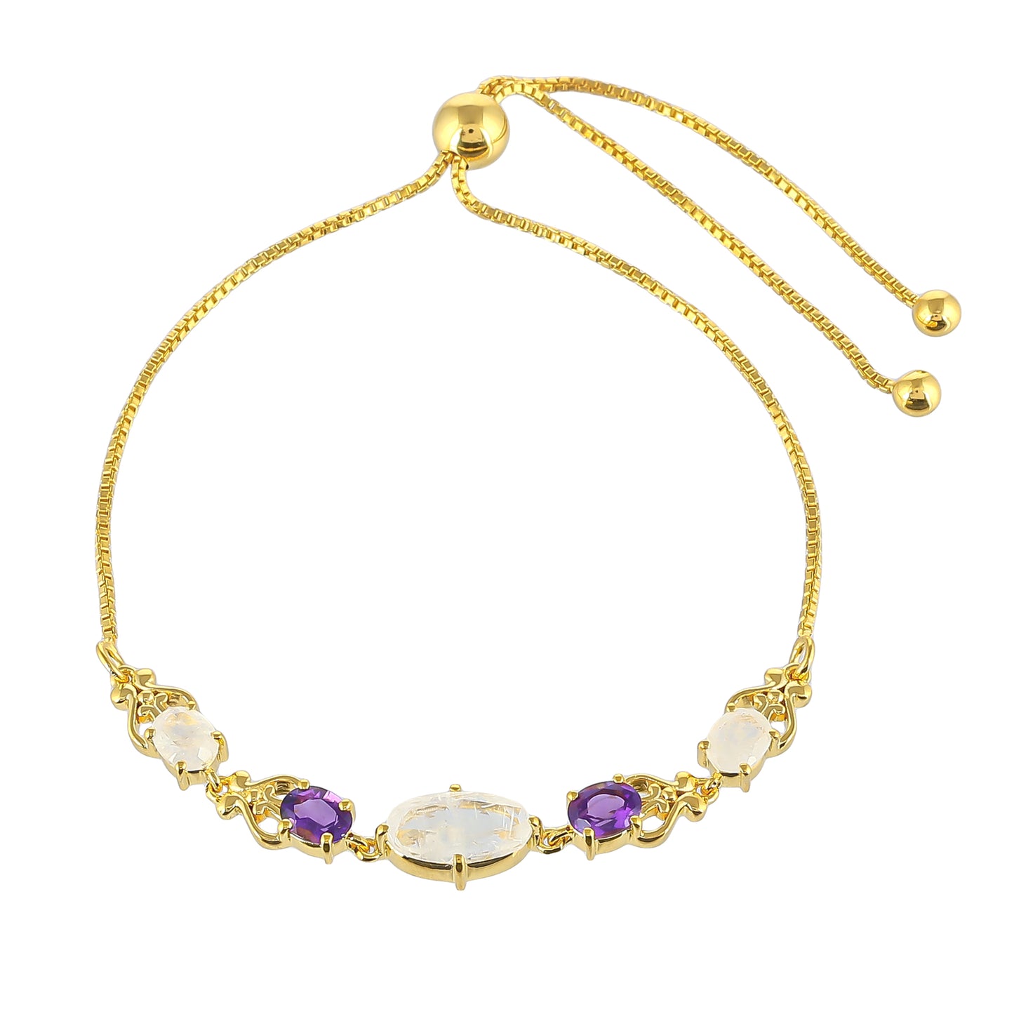 Goldplattiertes Silberarmband mit Regenbogenmondstein und brasilianischem Amethyst