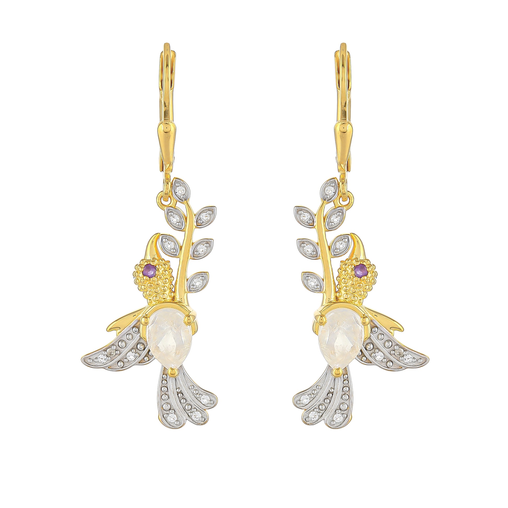 Goldplattierte Silberohrringe mit Regenbogenmondstein und brasilianischem Amethyst 1