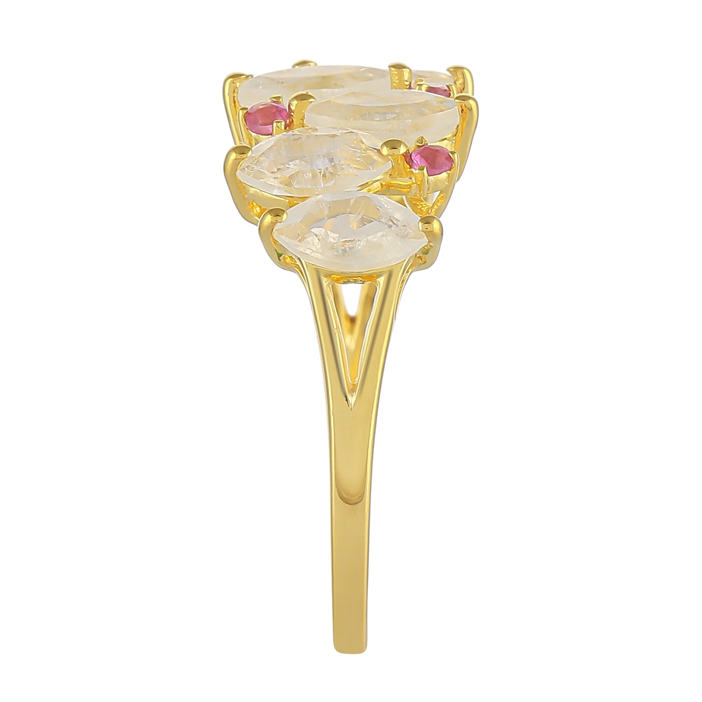 Goldplattierter Silberring mit Regenbogenmondstein und Thai Rubin