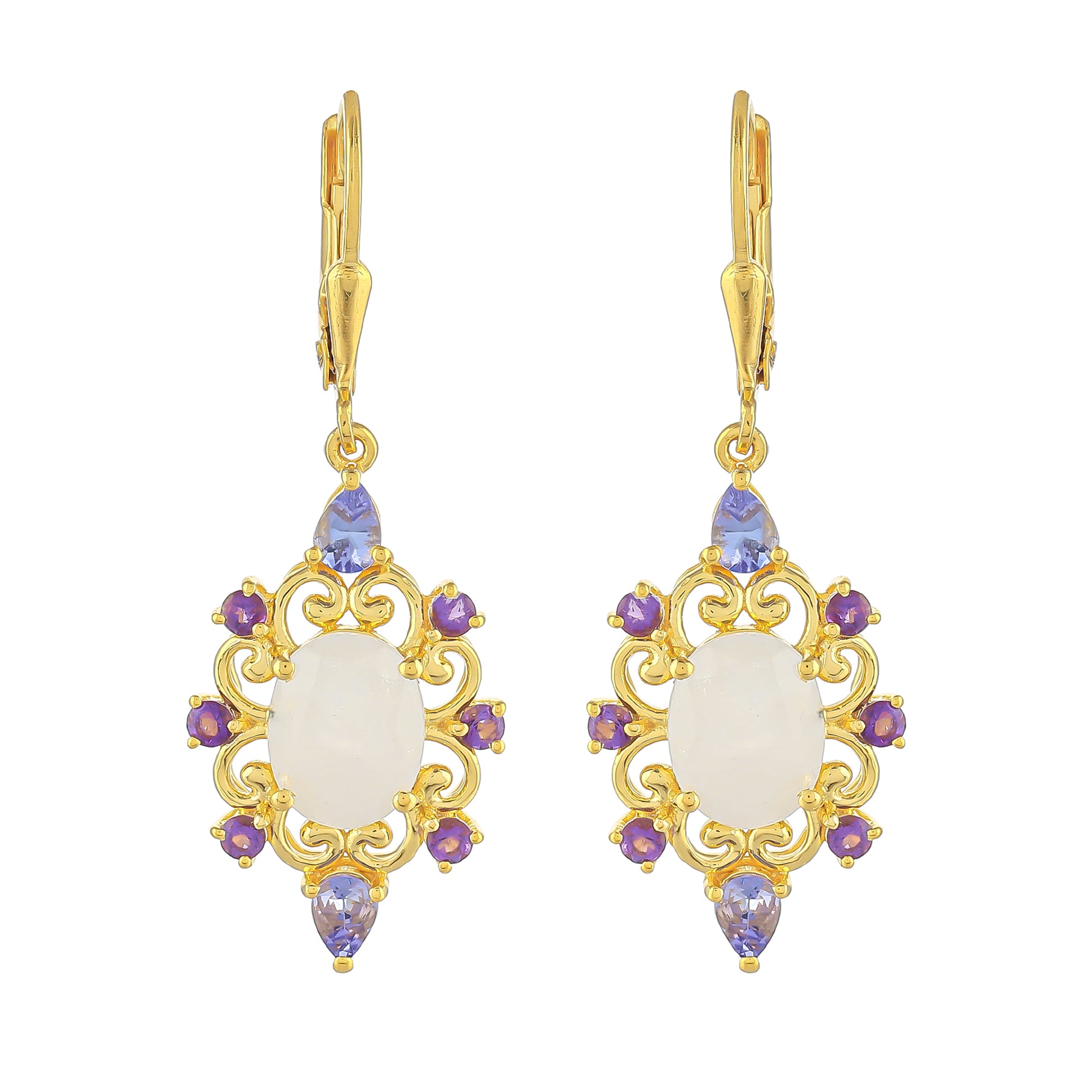 Goldplattierte Silberohrringe mit Regenbogenmondstein und Tansanit 1