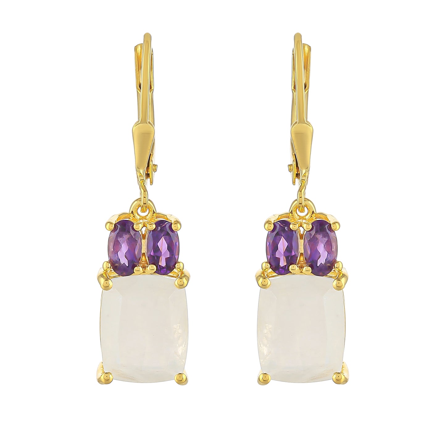 Goldplattierte Silberohrringe mit Regenbogenmondstein und brasilianischem Amethyst