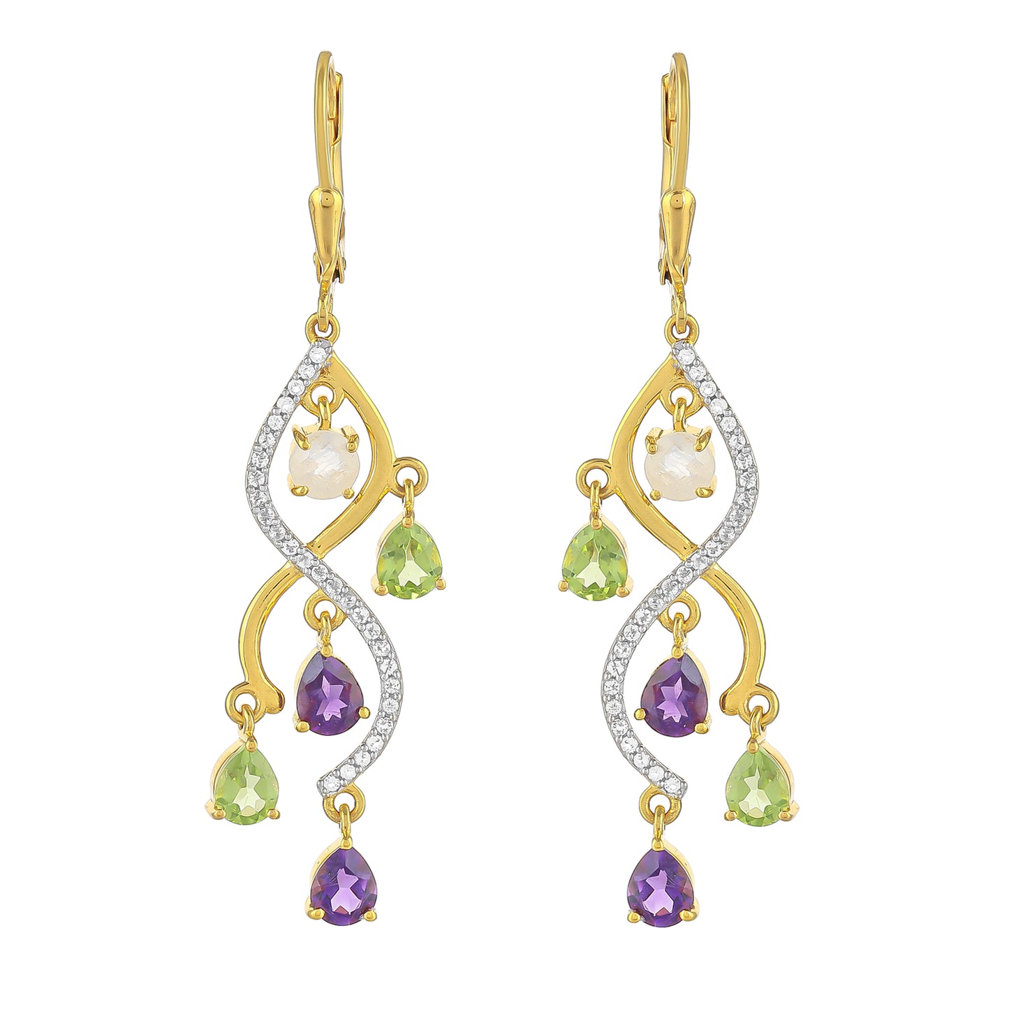 Goldplattierte Silberohrringe mit Regenbogenmondstein und brasilianischem Amethyst