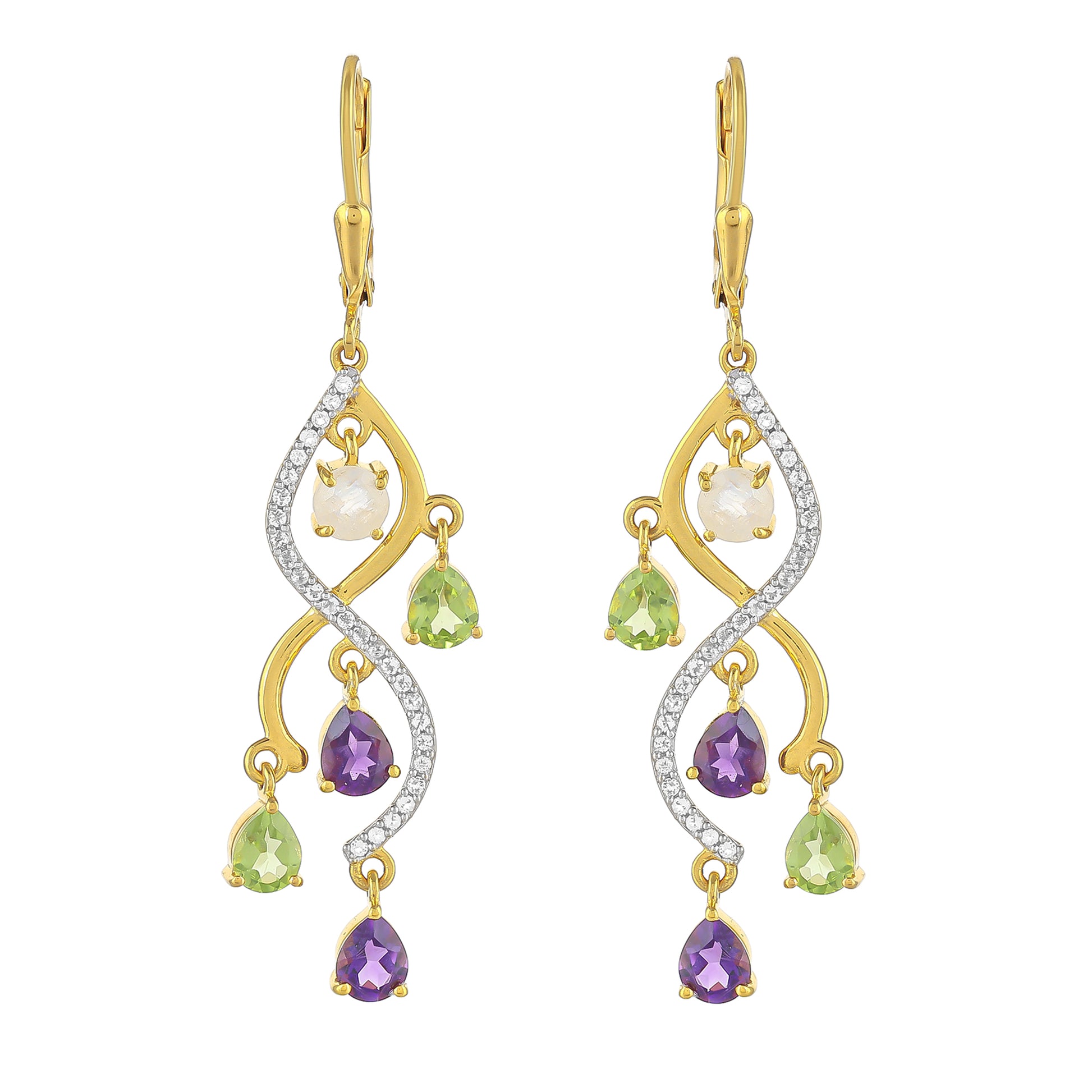 Goldplattierte Silberohrringe mit Regenbogenmondstein und brasilianischem Amethyst 1