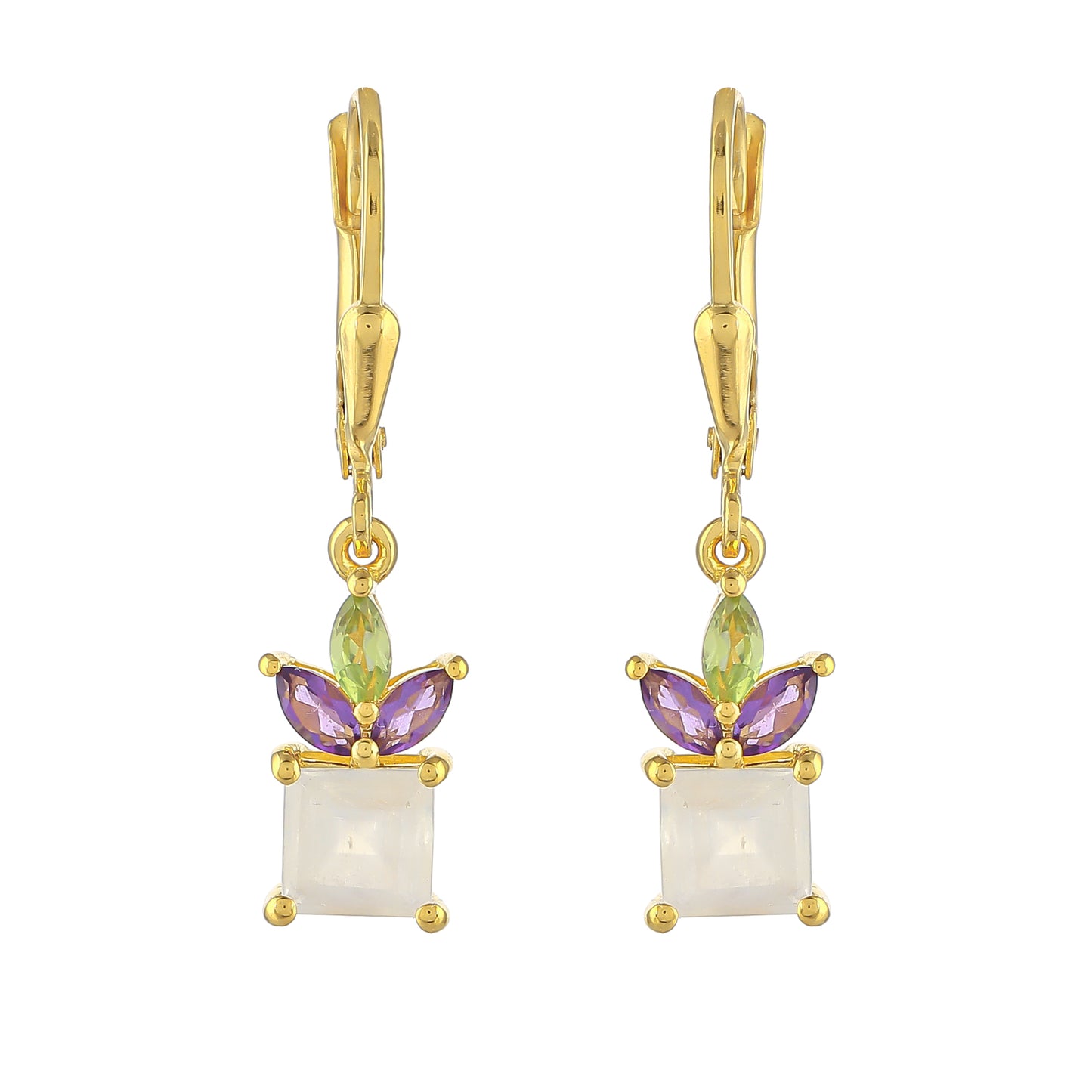 Goldplattierte Silberohrringe mit Regenbogenmondstein und brasilianischem Amethyst