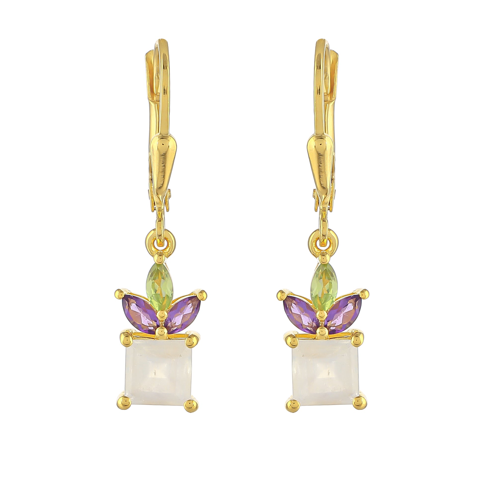 Goldplattierte Silberohrringe mit Regenbogenmondstein und brasilianischem Amethyst 1