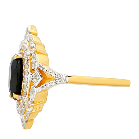 Goldplattierter Silberring mit schwarzem Turmalin und weißem Topas