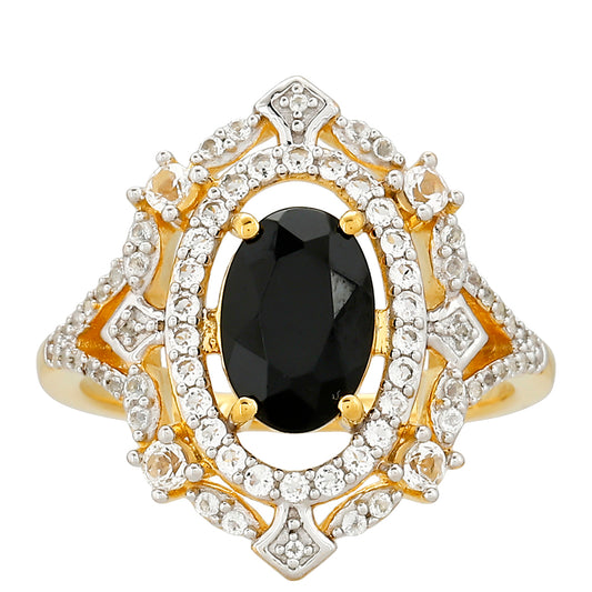 Goldplattierter Silberring mit schwarzem Turmalin und weißem Topas