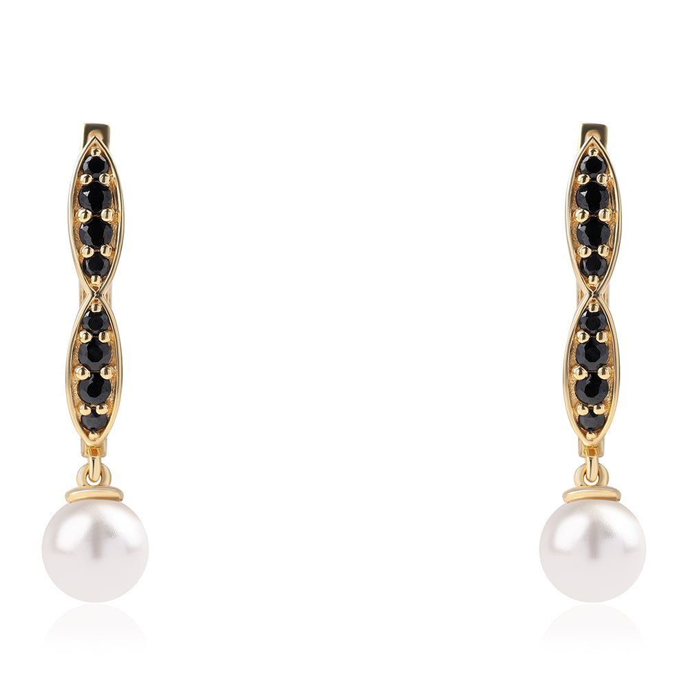 Goldplattierte Silberohrringe mit schwarzem Spinell und weißer Süßwasserperle 1