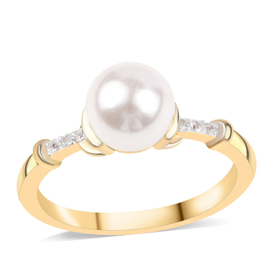 Goldplattierter Silberring mit weißer Süßwasserperle und weißem Topas