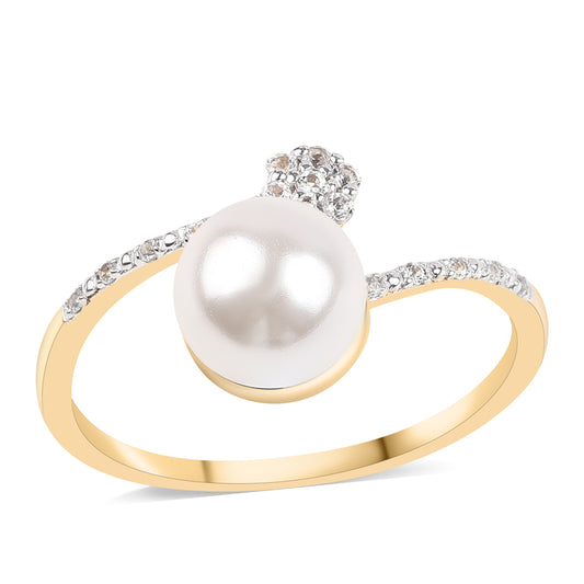 Goldplattierter Silberring mit weißer Süßwasserperle und weißem Topas