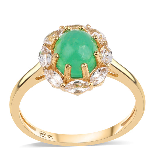 Goldplattierter Silberring mit grünem äthiopischem Opal aus Lega Dembi und weißem Topas