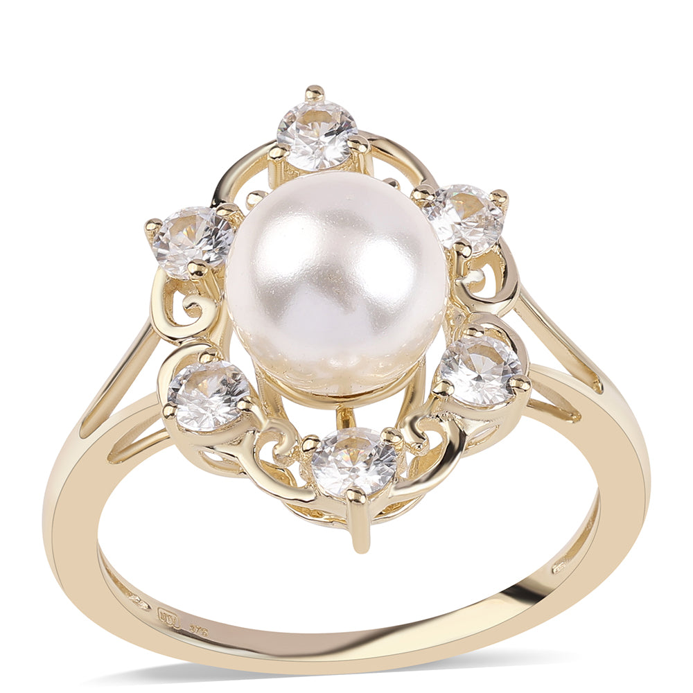 Goldring mit weißer Süßwasserperle und weißem Zirkon 1