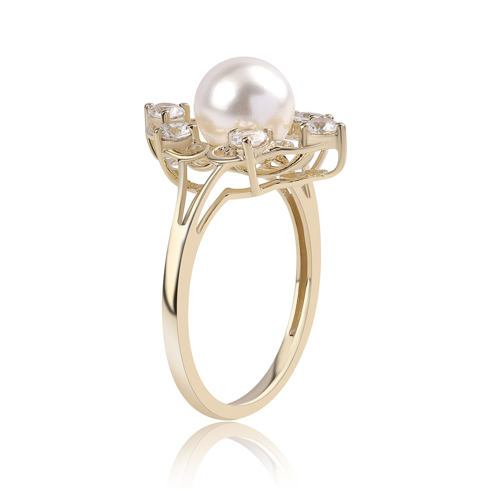 Goldring mit weißer Süßwasserperle und weißem Zirkon