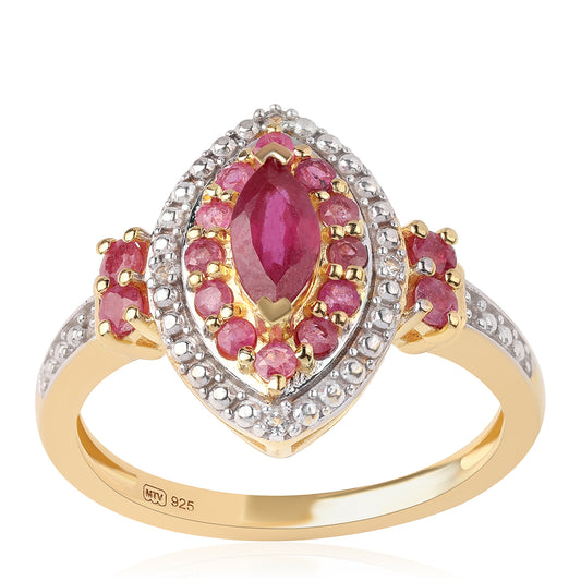 Goldplattierter Silberring mit Rubin aus Mosambik und weißem Topas