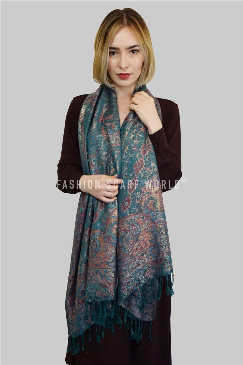 100% Pashmina Cashmere Scarf, 70 cm x 180 cm, Paisley Shiny Teal, 100% Pashmina Cashmere 3