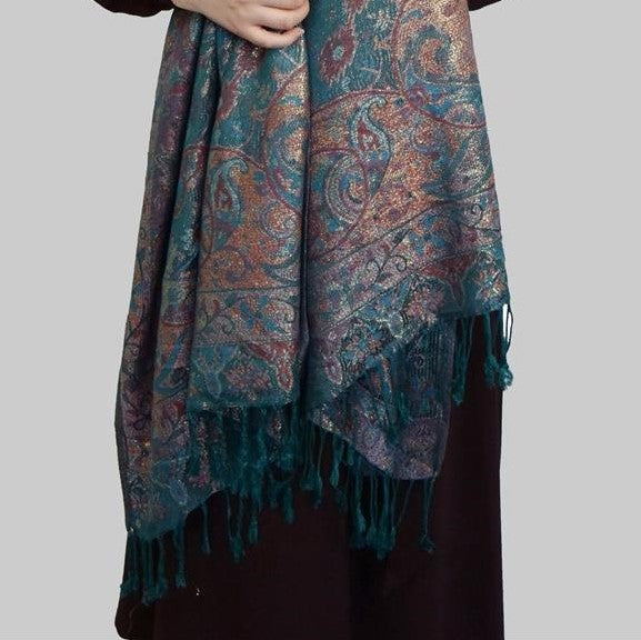 100% Pashmina Cashmere Scarf, 70 cm x 180 cm, Paisley Shiny Teal, 100% Pashmina Cashmere 4