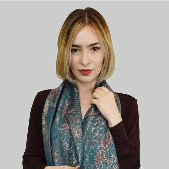 100% Pashmina Cashmere Scarf, 70 cm x 180 cm, Paisley Shiny Teal, 100% Pashmina Cashmere