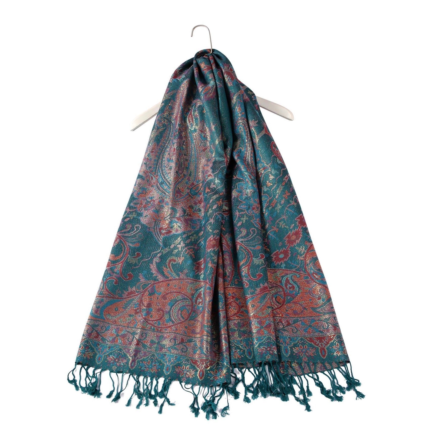 100% Pashmina Cashmere Scarf, 70 cm x 180 cm, Paisley Shiny Teal, 100% Pashmina Cashmere 1