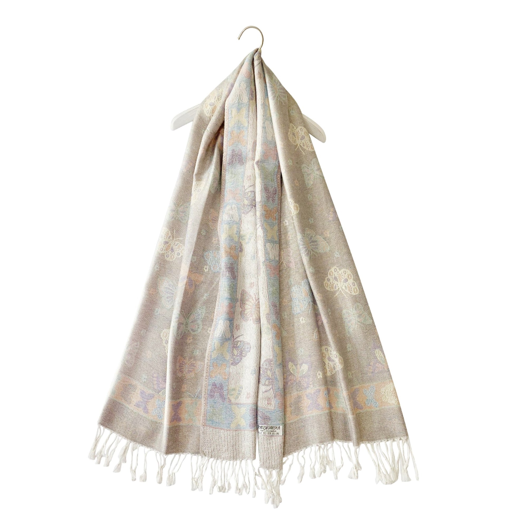 100% Pashmina Cashmere Scarf, 70 cm x 170 cm, Butterfly Patterned Shiny White, 100% Pashmina 1