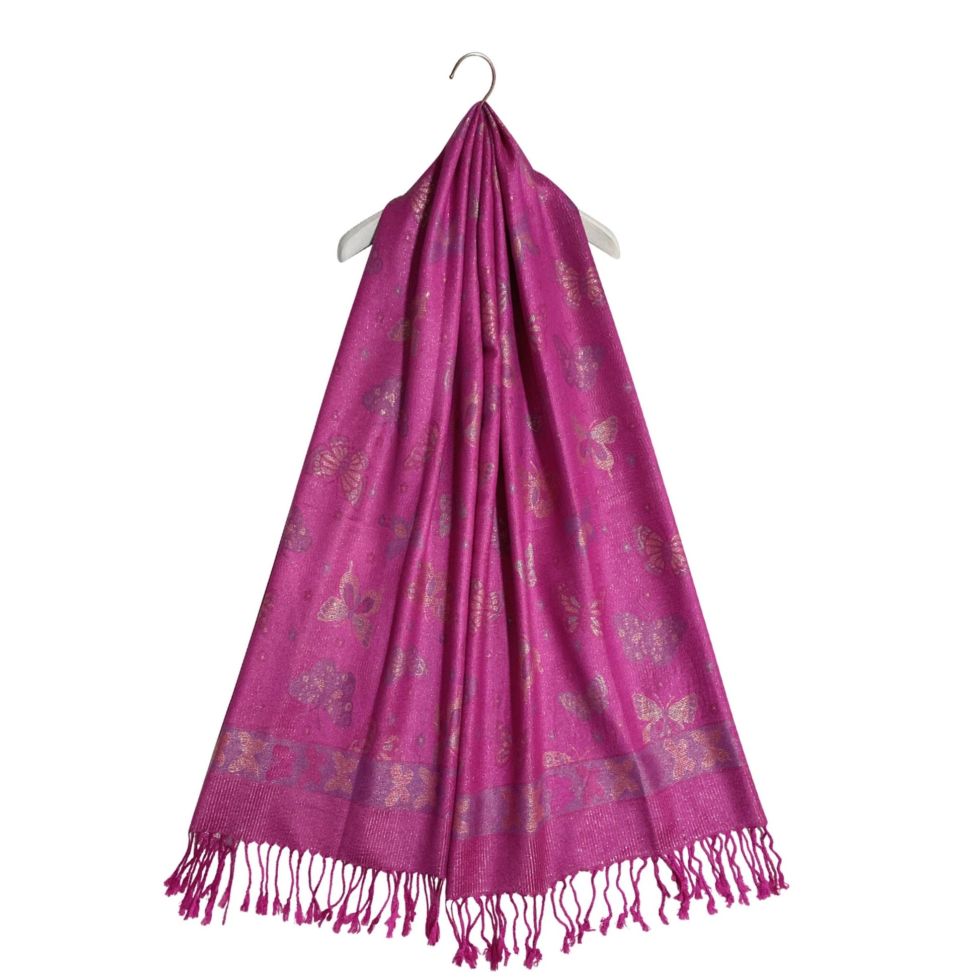 100% Pashmina Cashmere Scarf, 70 cm x 170 cm, Butterfly Patterned Shiny Fuchsia Pink, 100% Pashmina 1